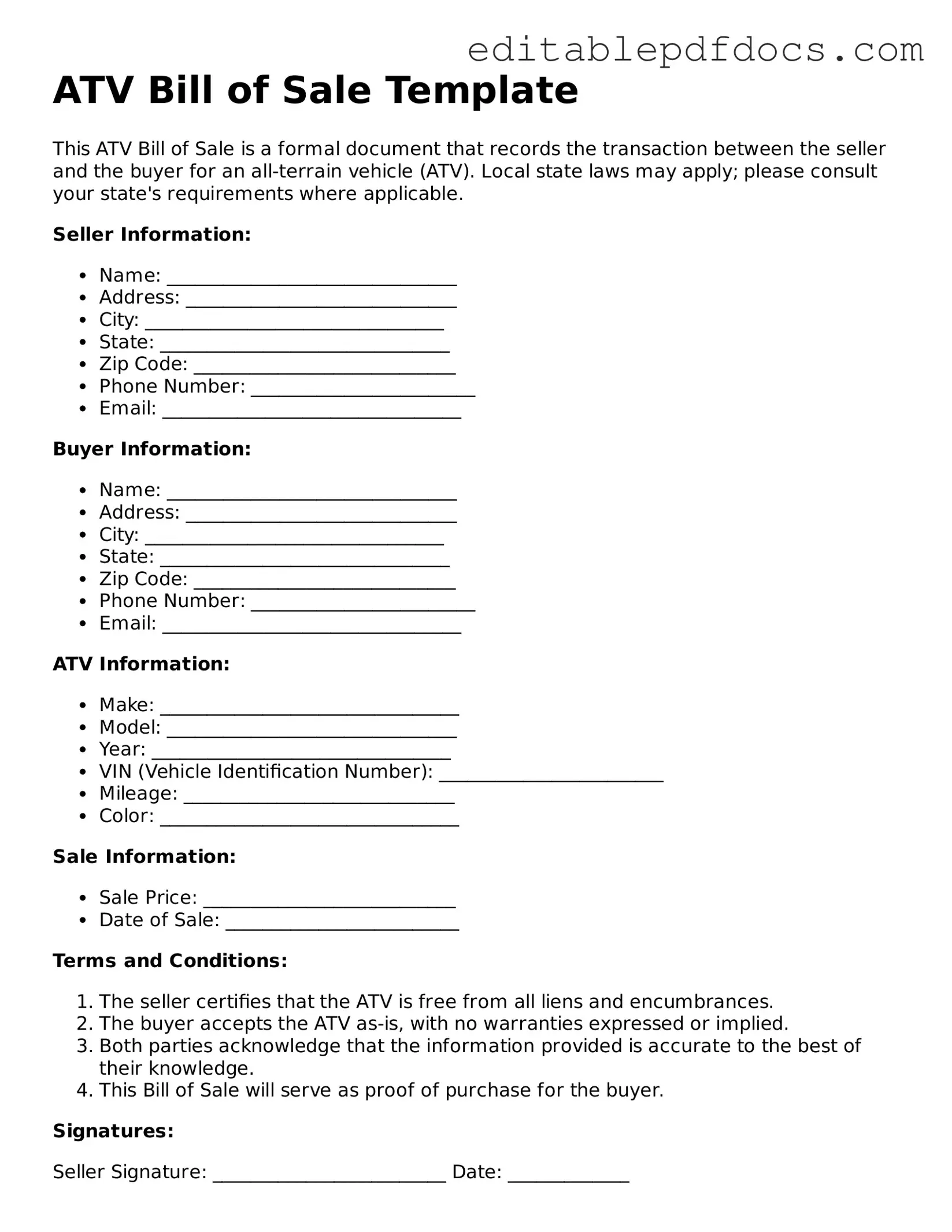 Free ATV Bill of Sale Document