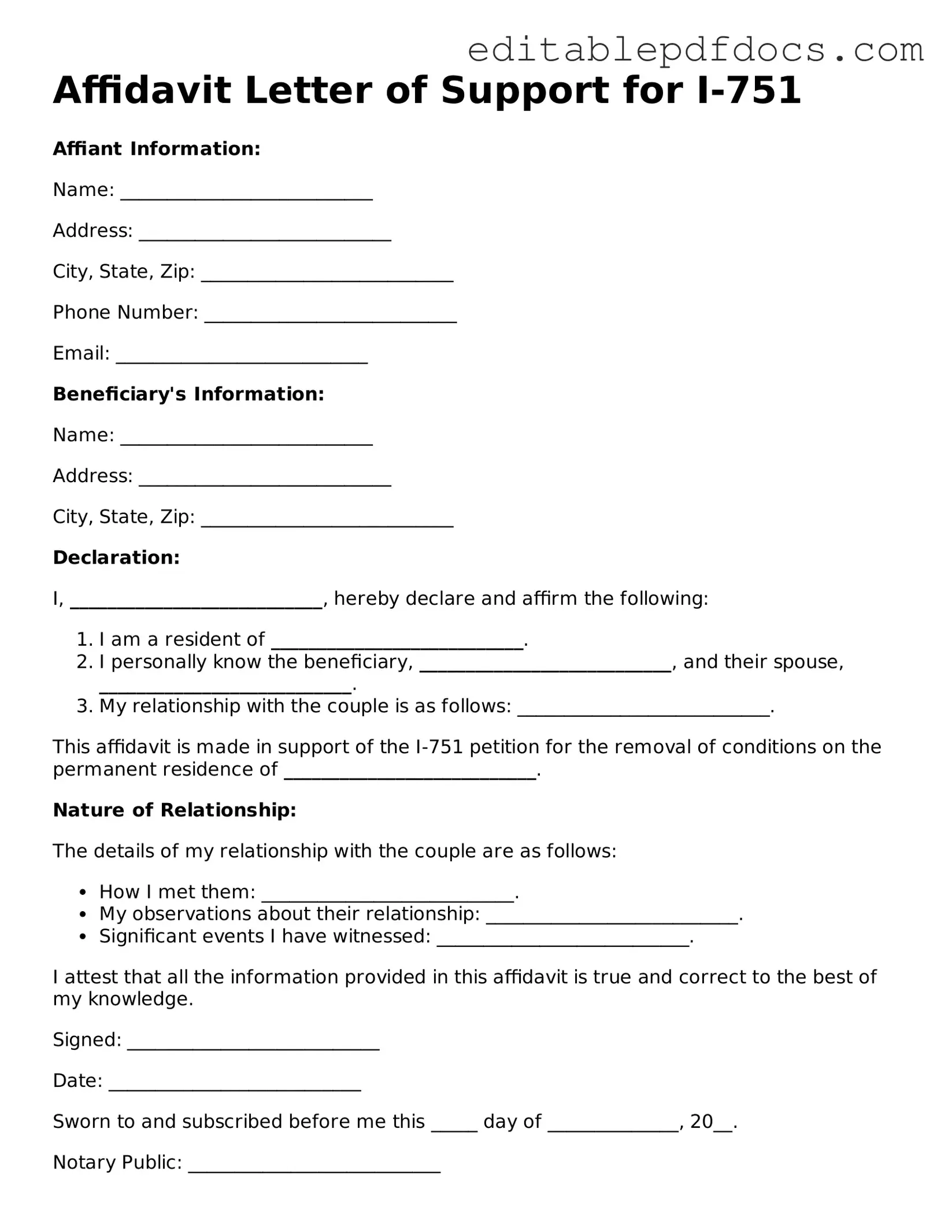 Free Affidavit Letter of Support for I-751 Document