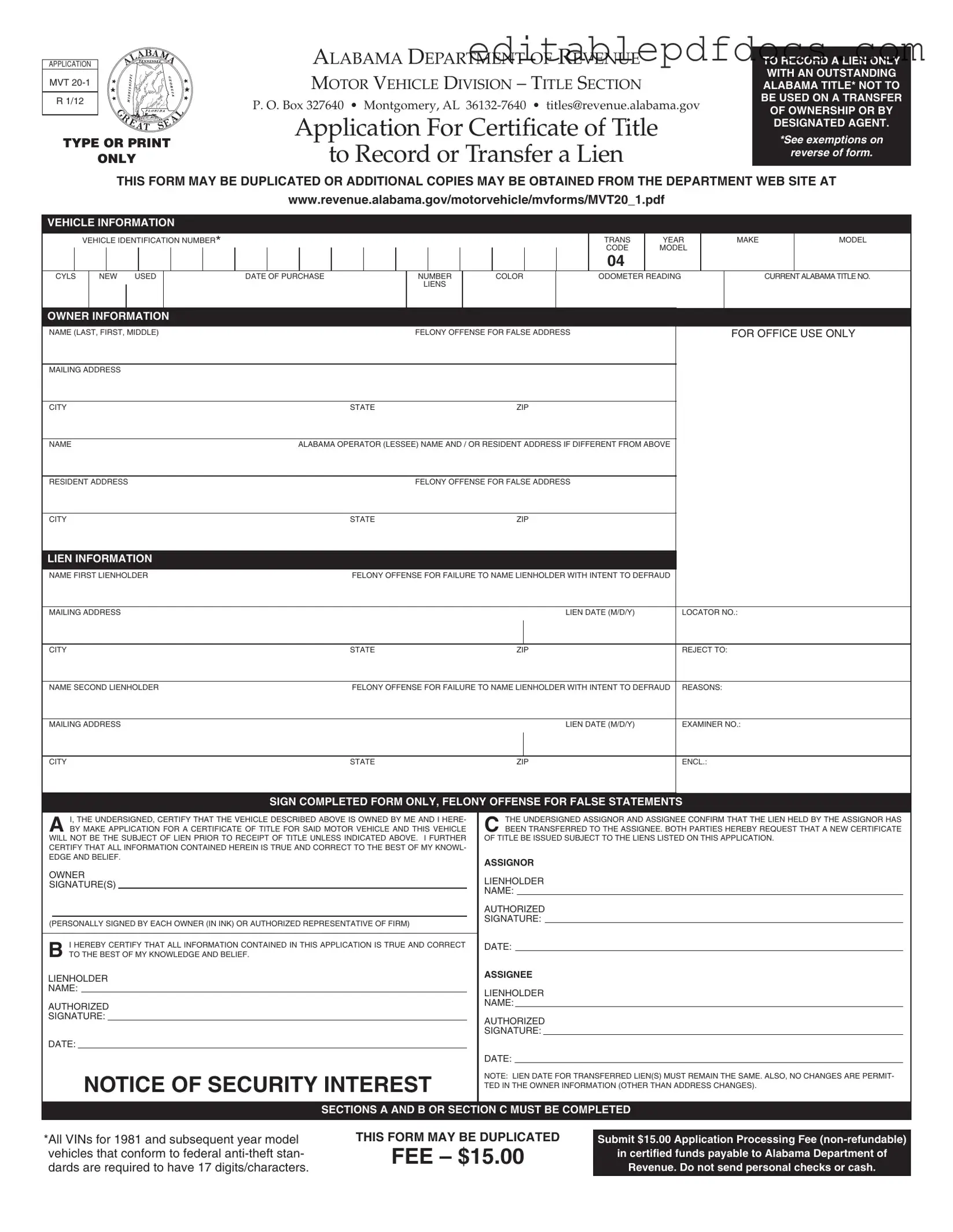 Fill a Valid Alabama Mvt 20 1 Template
