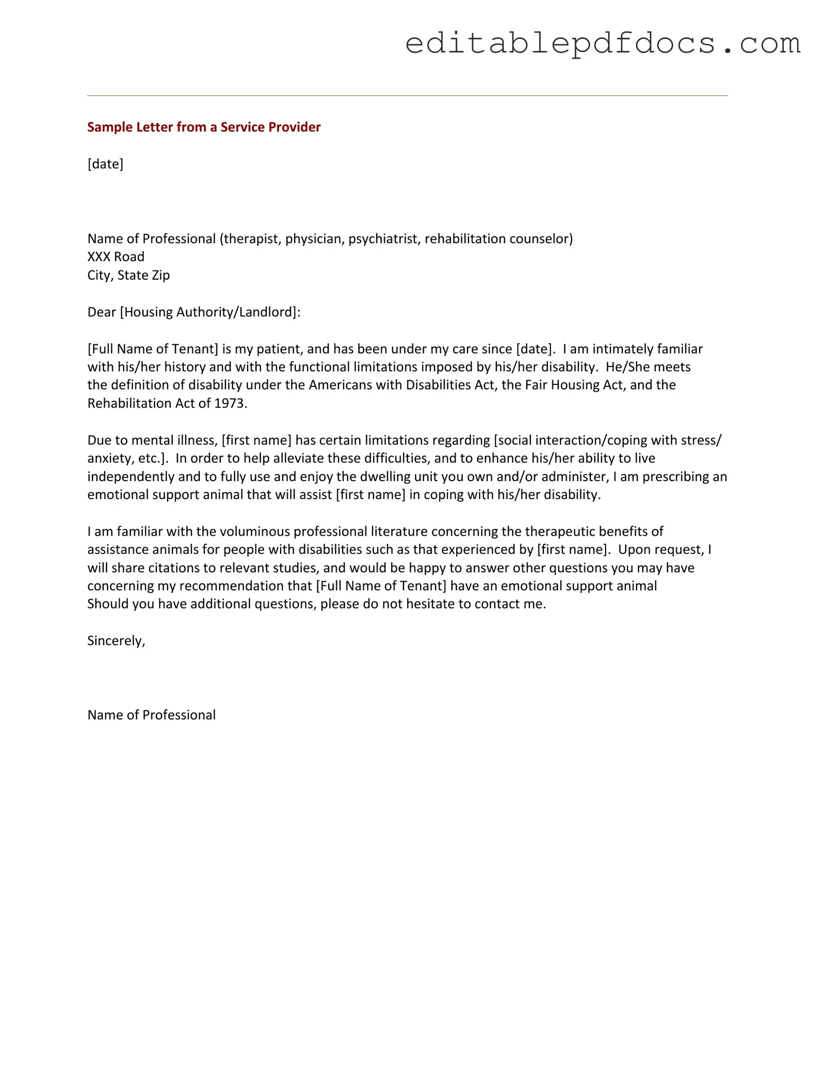 Fill a Valid Emotional Support Animal Letter Template