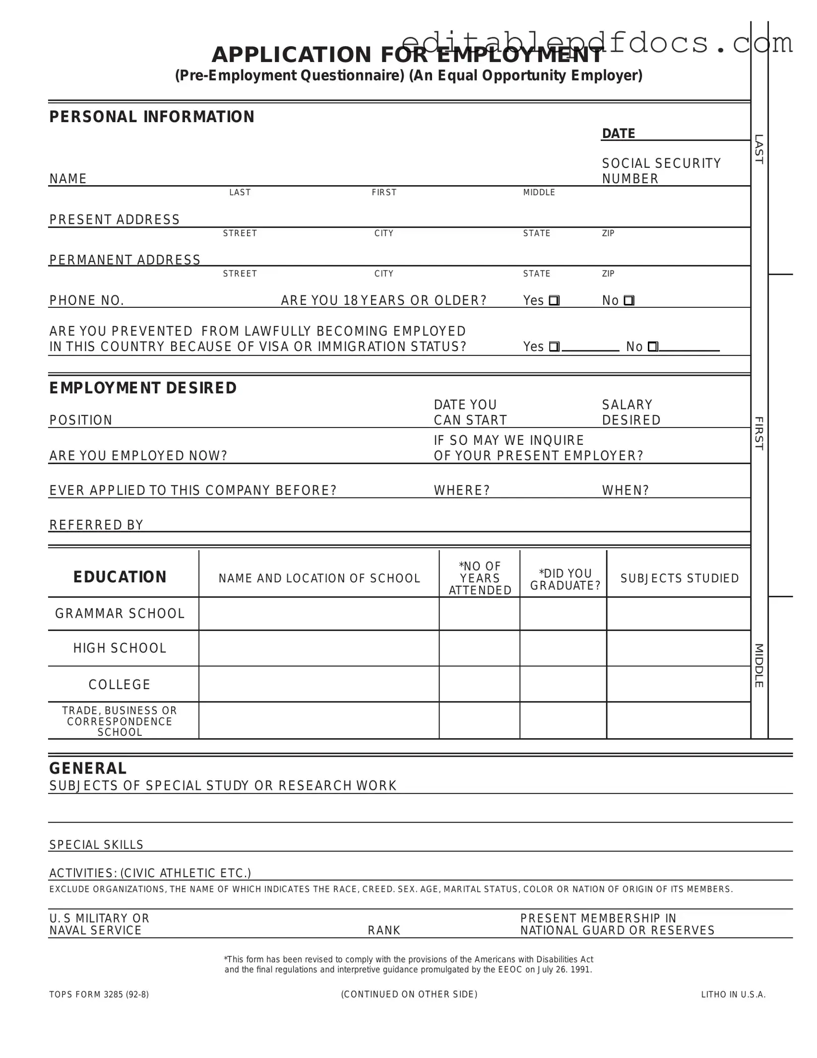 Fill a Valid Employment Application Pdf Template