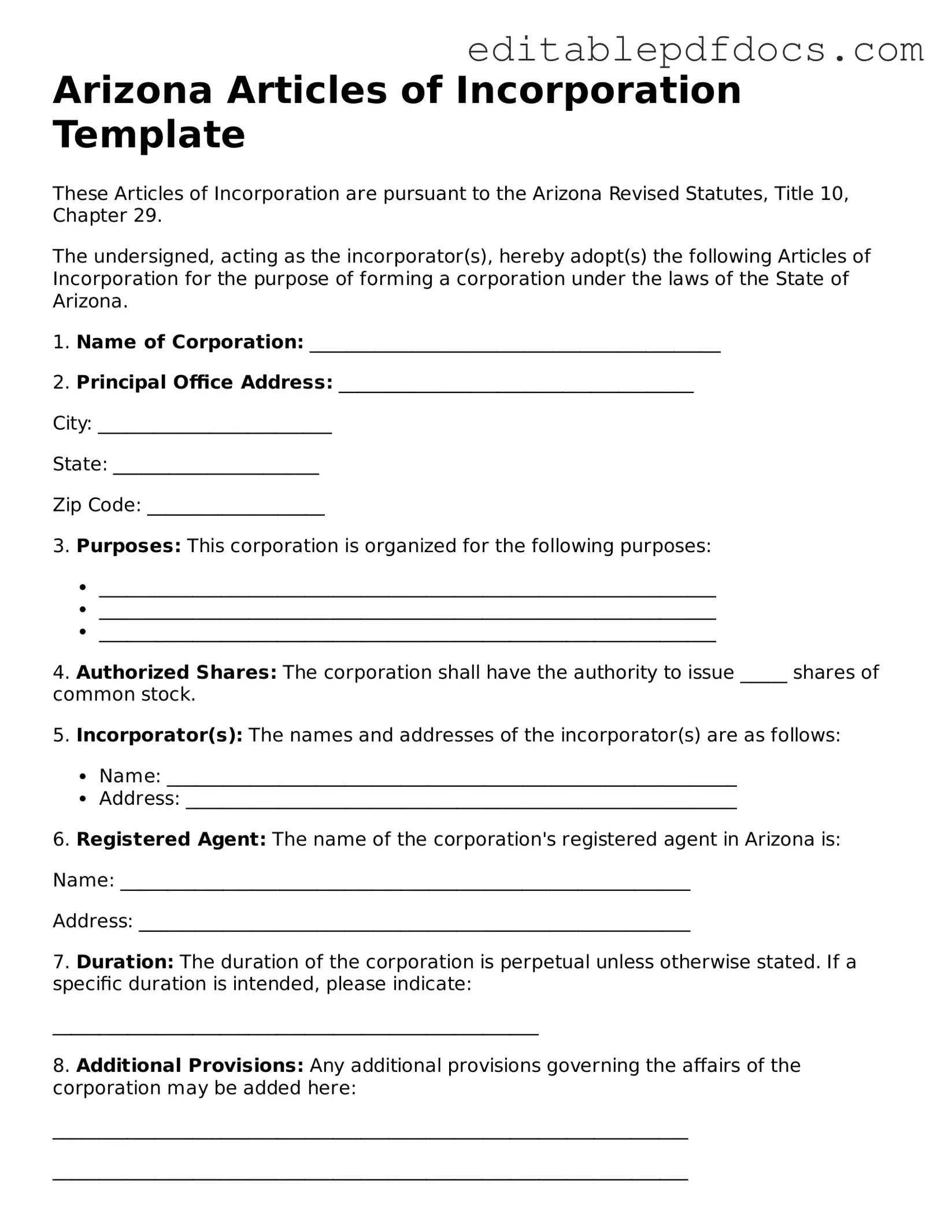  Articles of Incorporation Document for Arizona