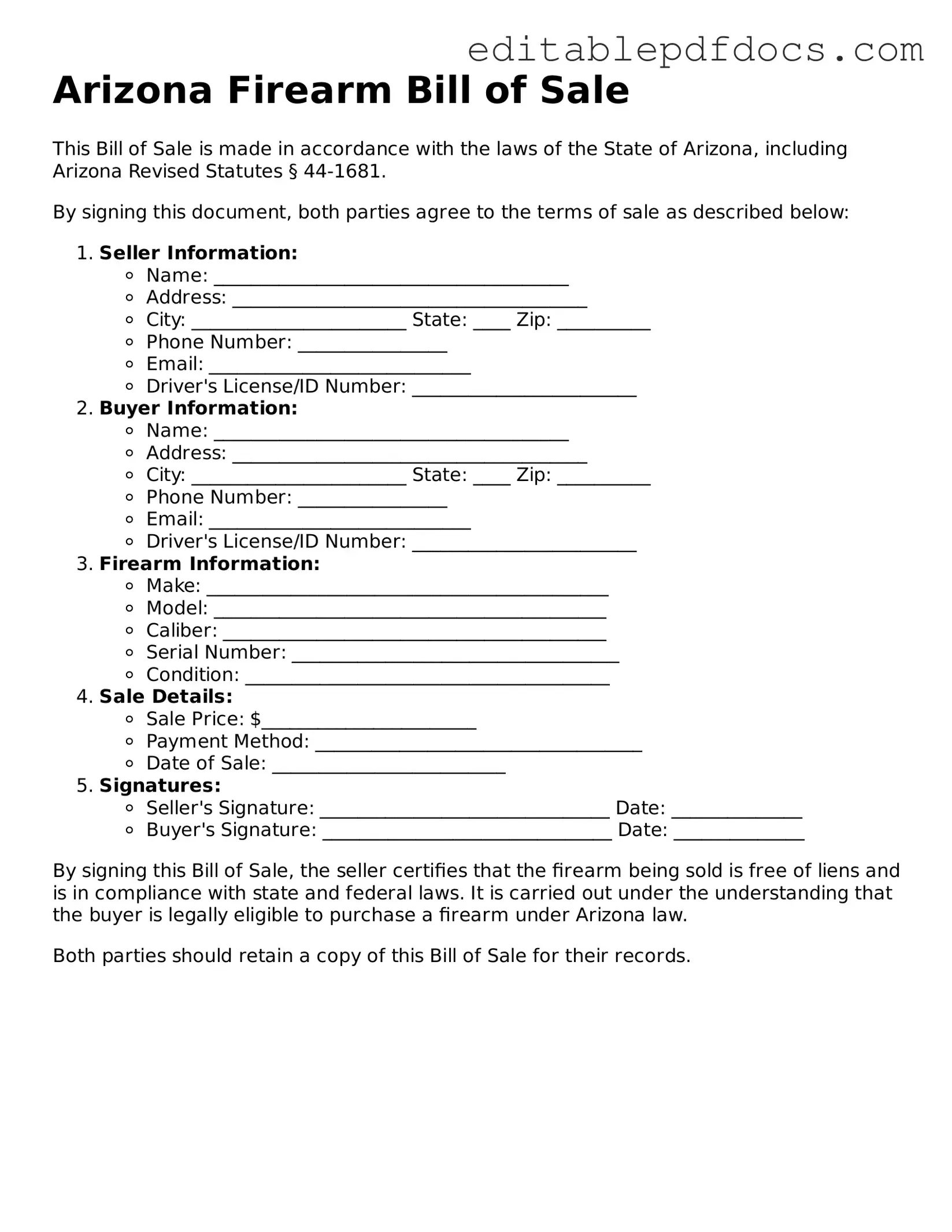  Firearm Bill of Sale Document for Arizona