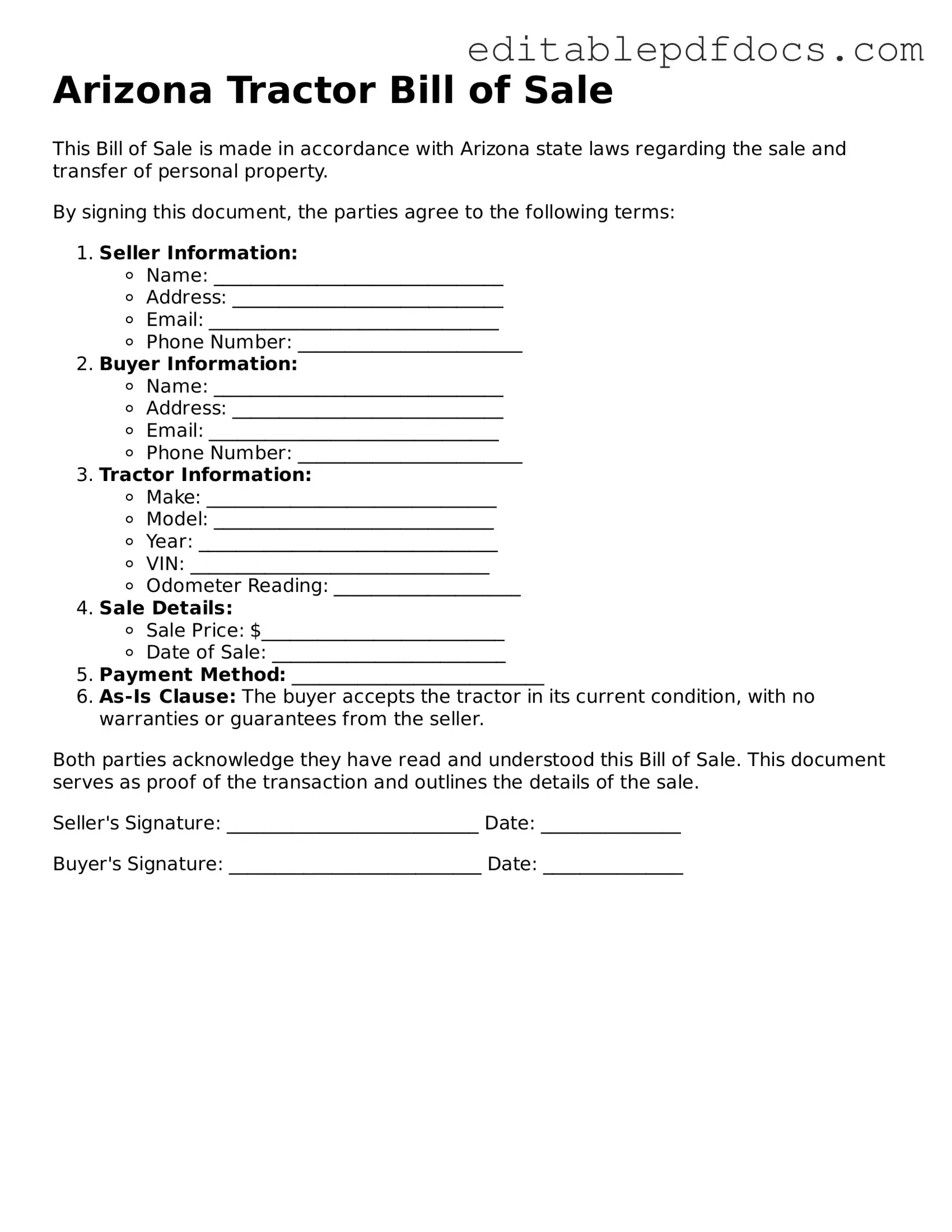  Tractor Bill of Sale Document for Arizona