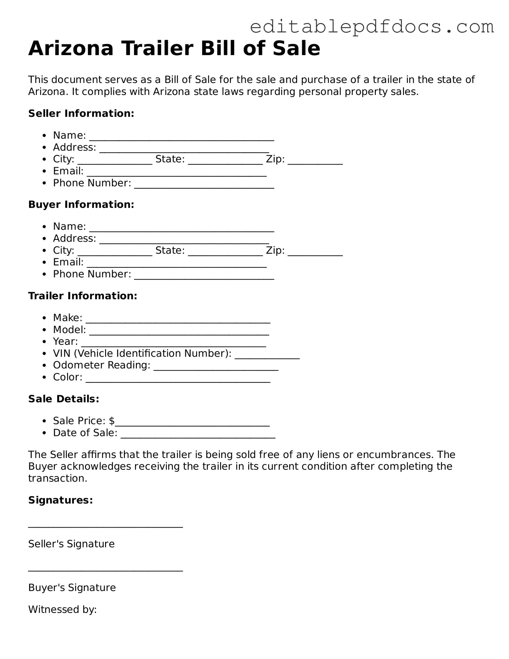  Trailer Bill of Sale Document for Arizona