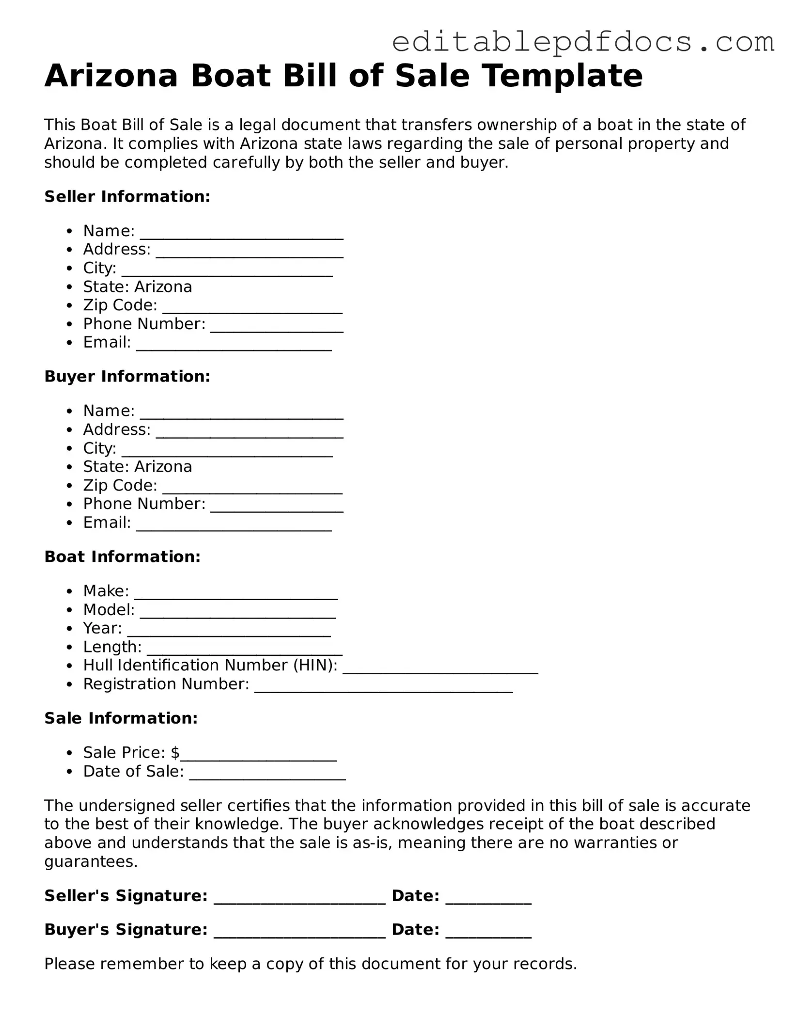  Boat Bill of Sale Document for Arizona