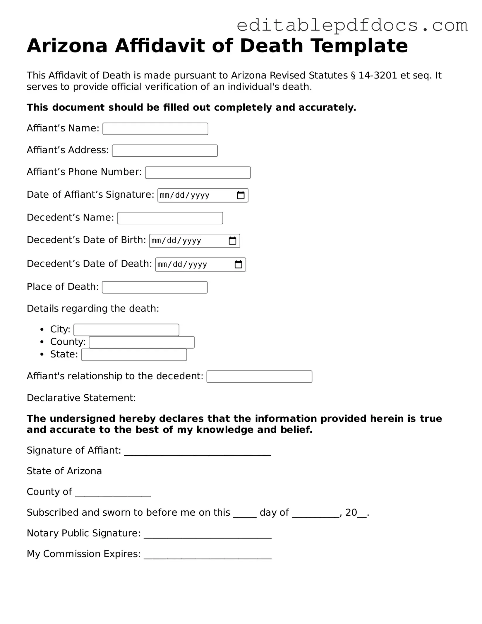  Affidavit of Death Document for Arizona