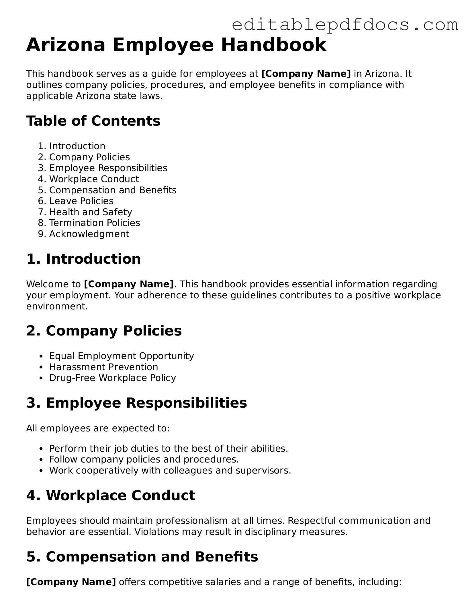  Employee Handbook Document for Arizona