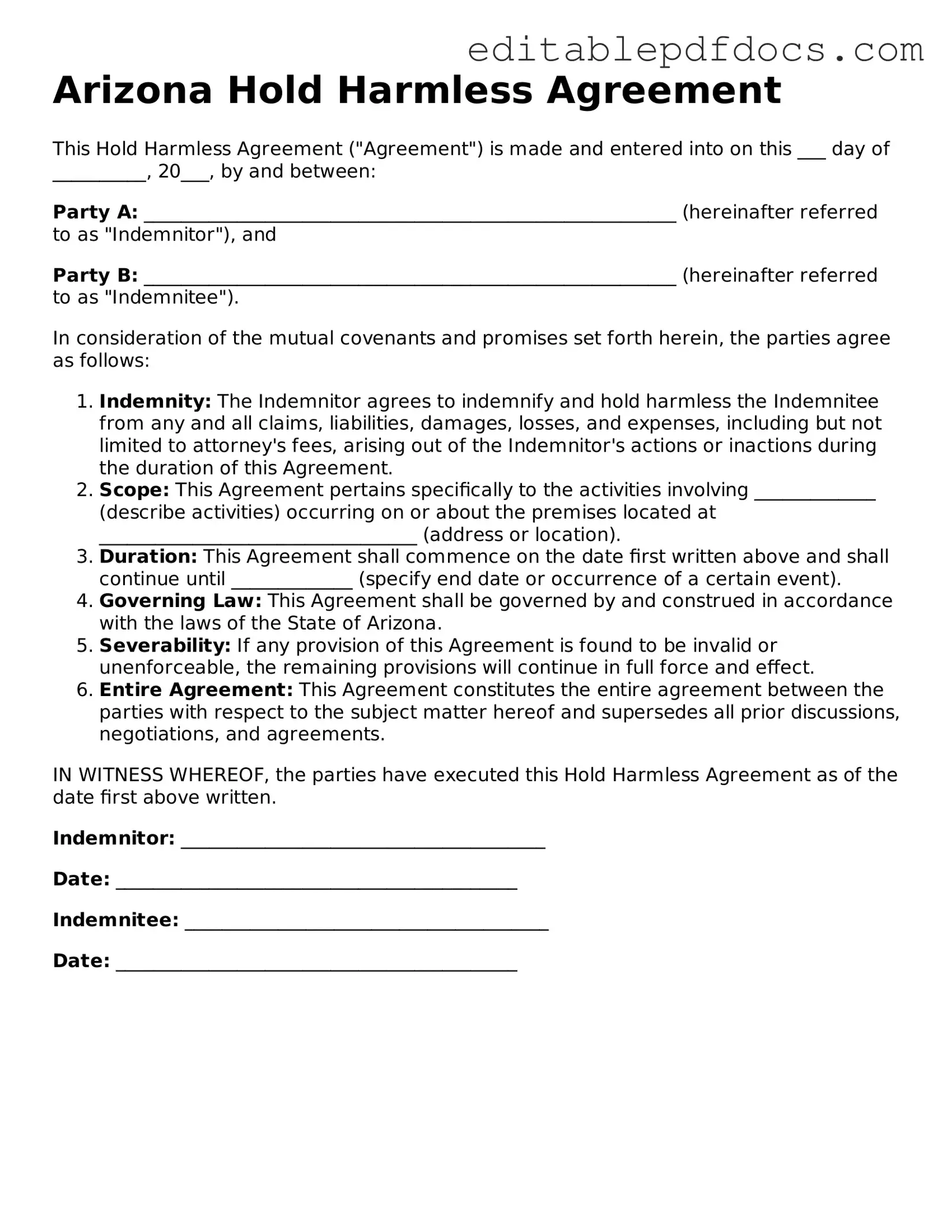  Hold Harmless Agreement Document for Arizona