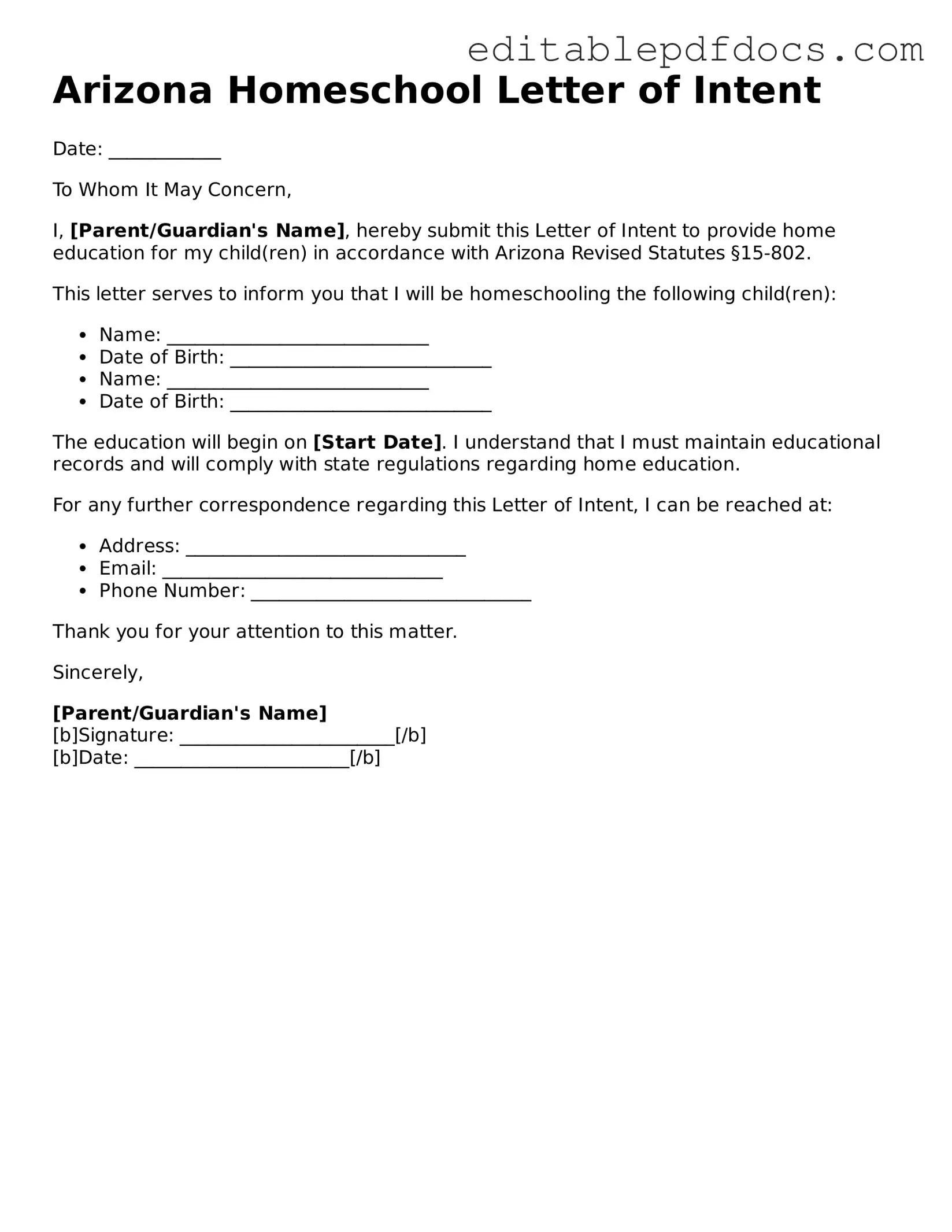  Homeschool Letter of Intent Document for Arizona