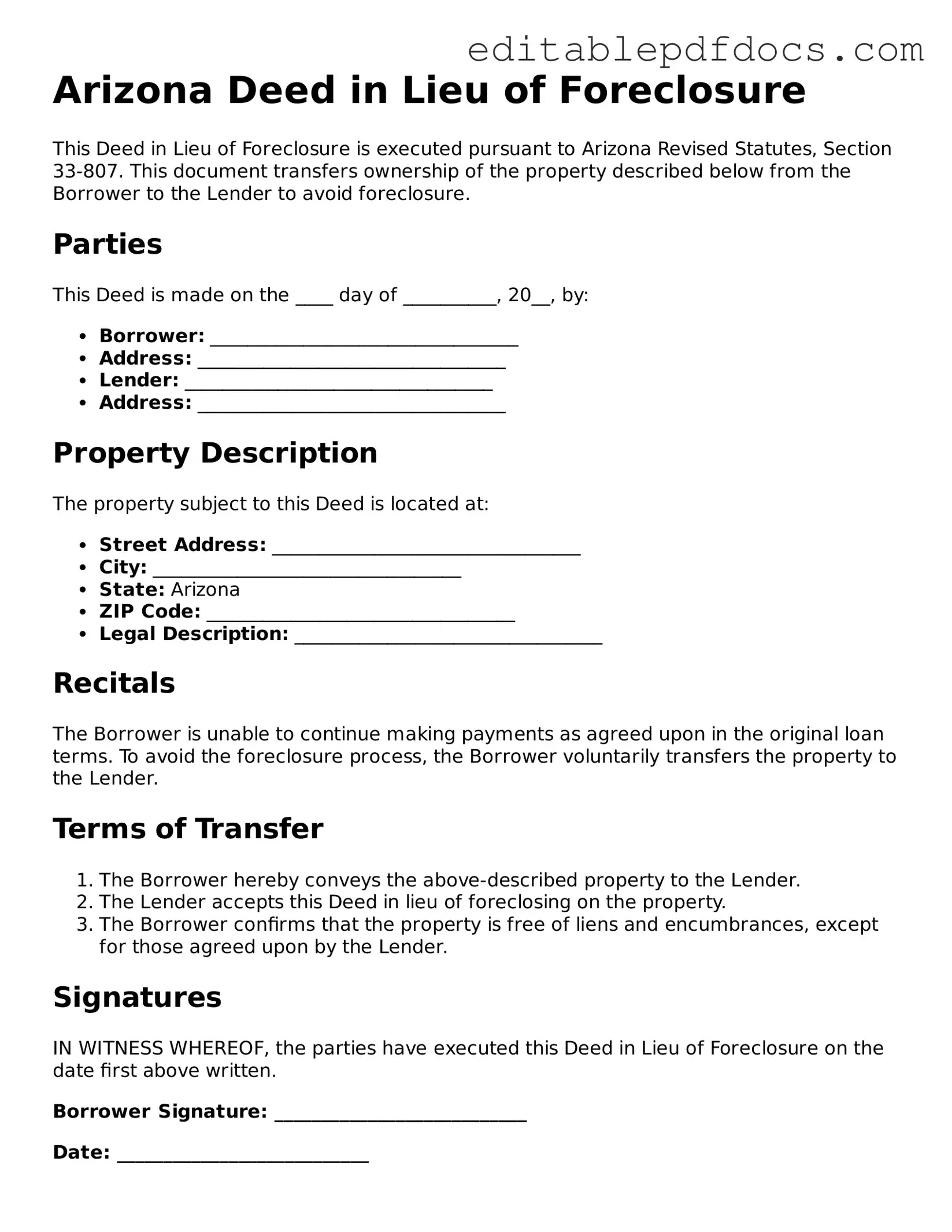  Deed in Lieu of Foreclosure Document for Arizona