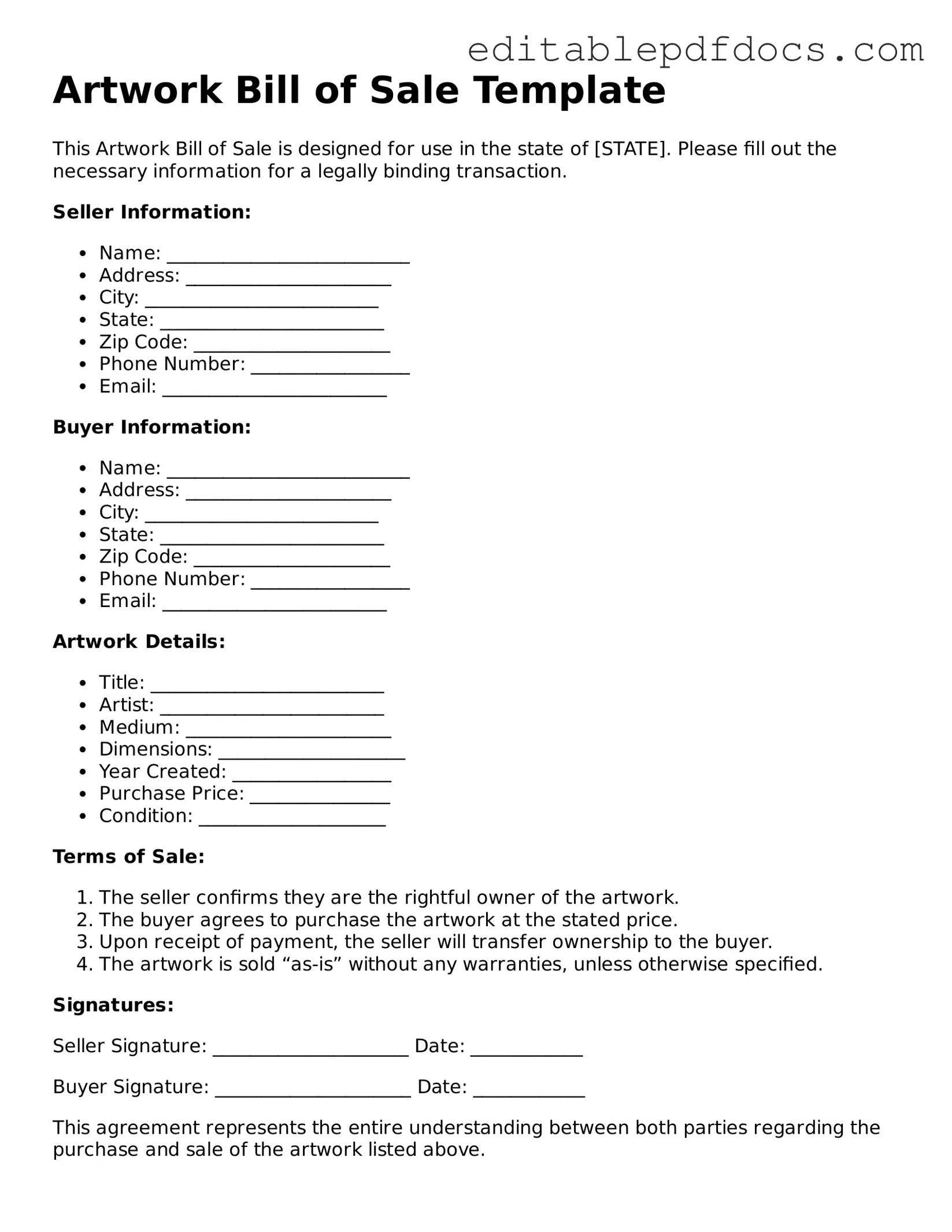 Free Artwork Bill of Sale Document