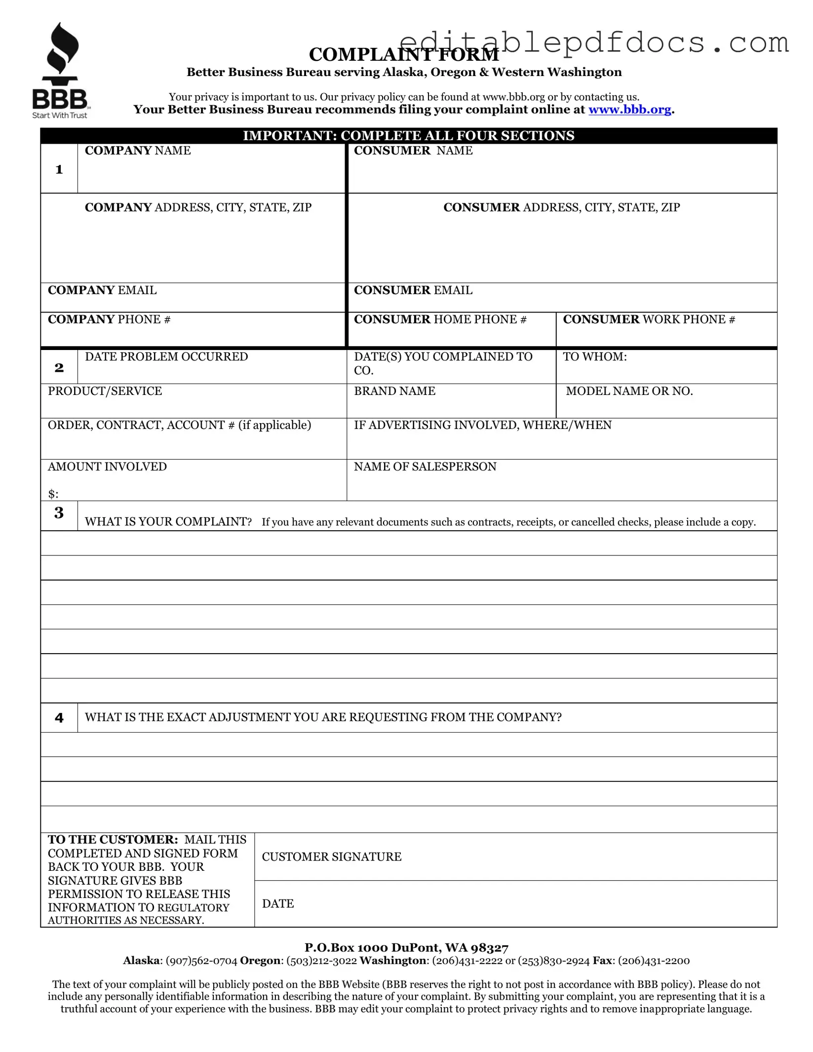 Fill a Valid Bbb Complaint Template