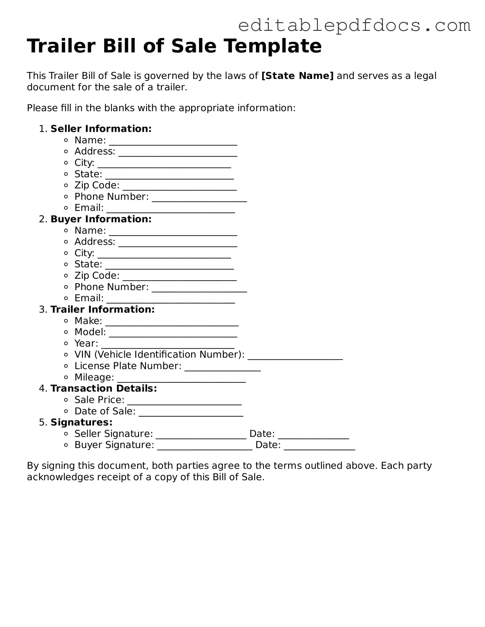 Free Trailer Bill of Sale Document