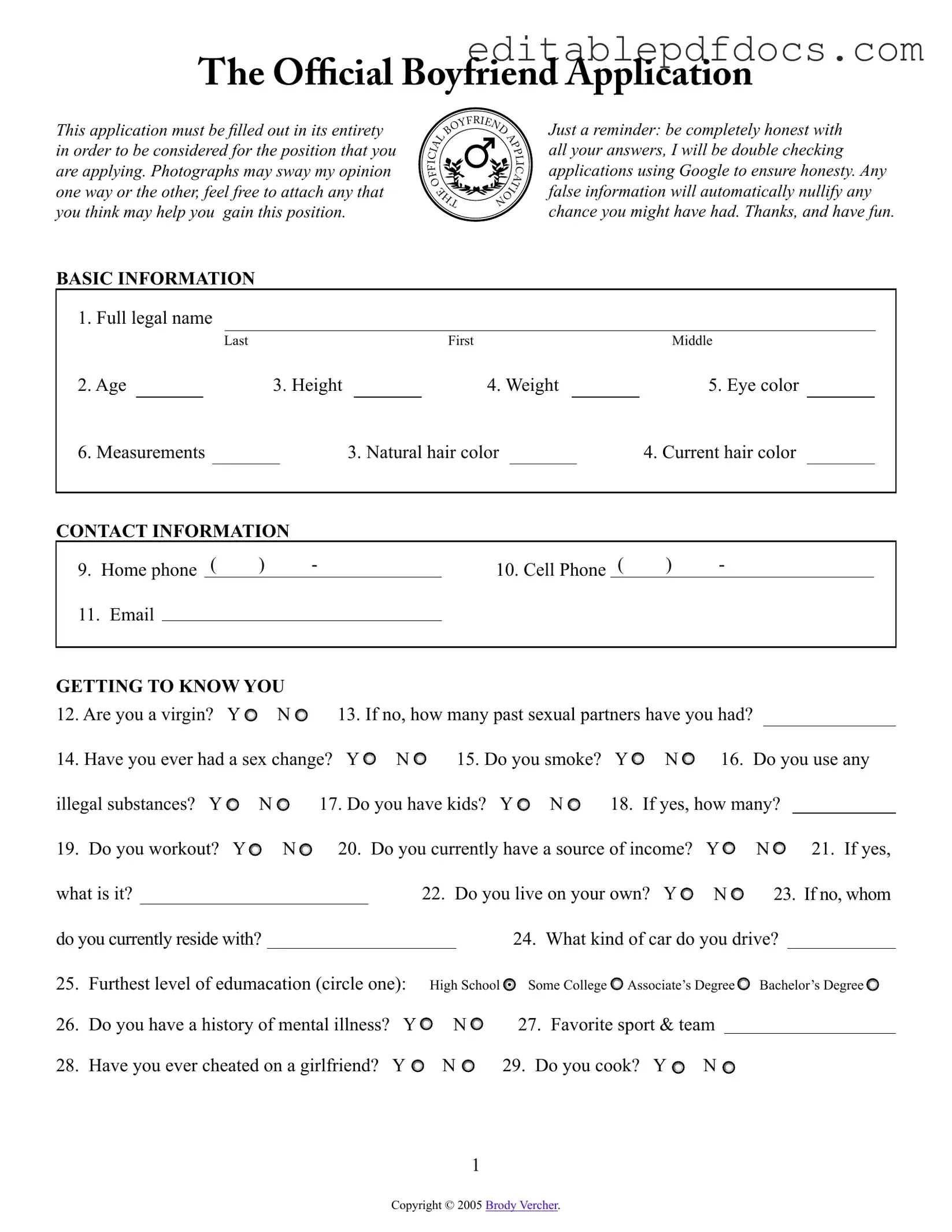 Fill a Valid Boyfriend application form Template