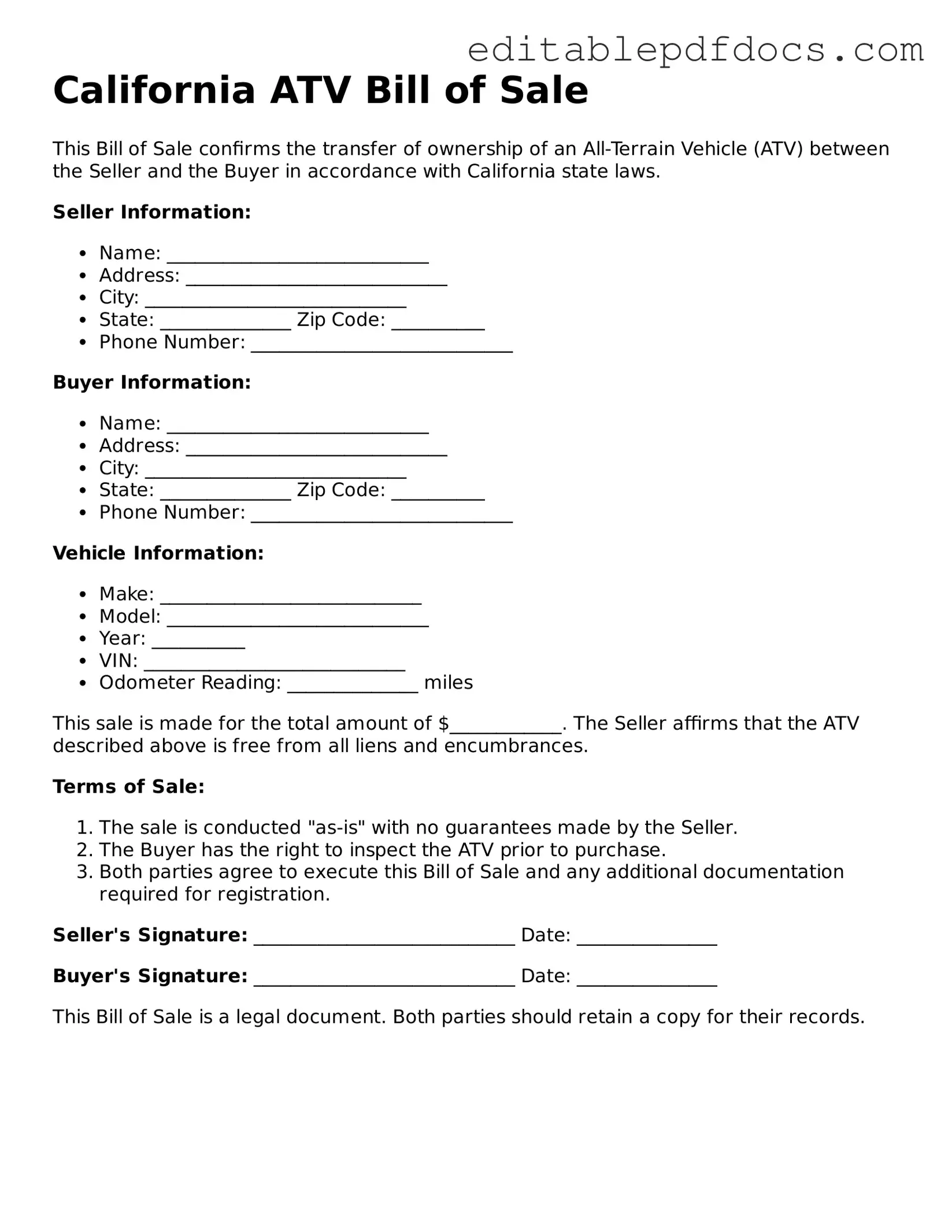  ATV Bill of Sale Document for California