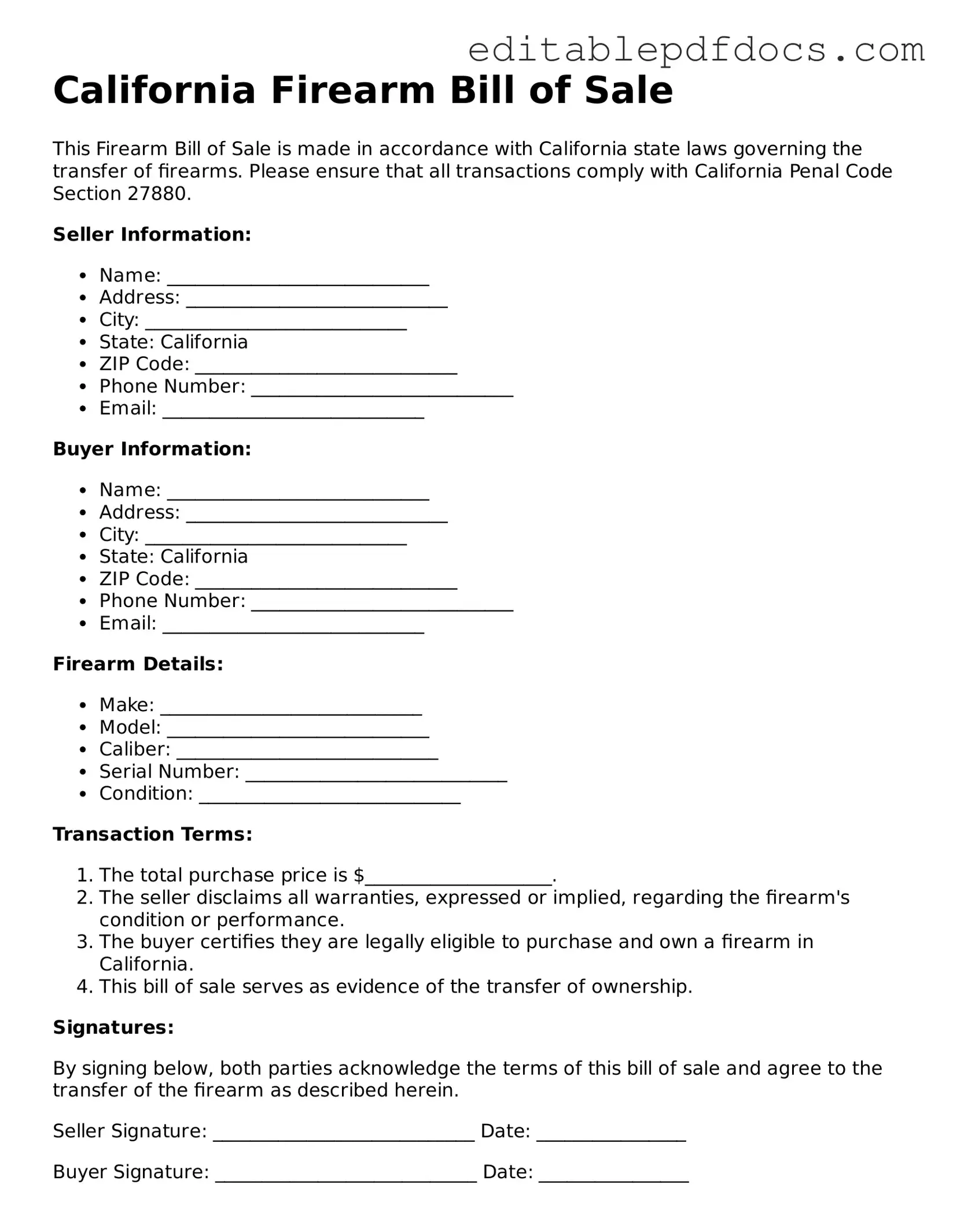  Firearm Bill of Sale Document for California