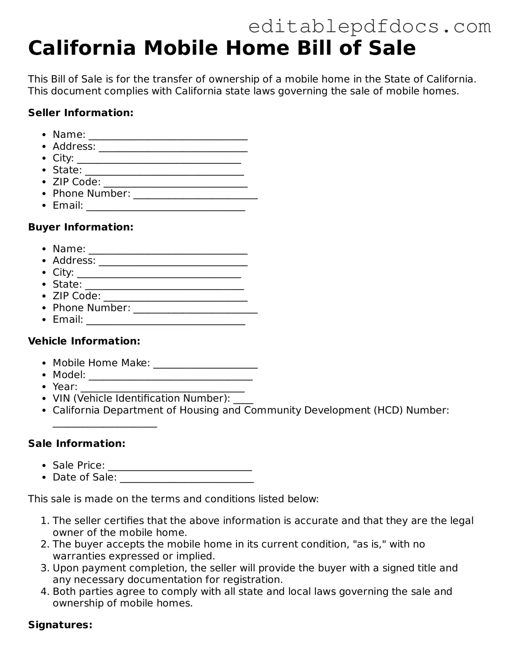  Mobile Home Bill of Sale Document for California