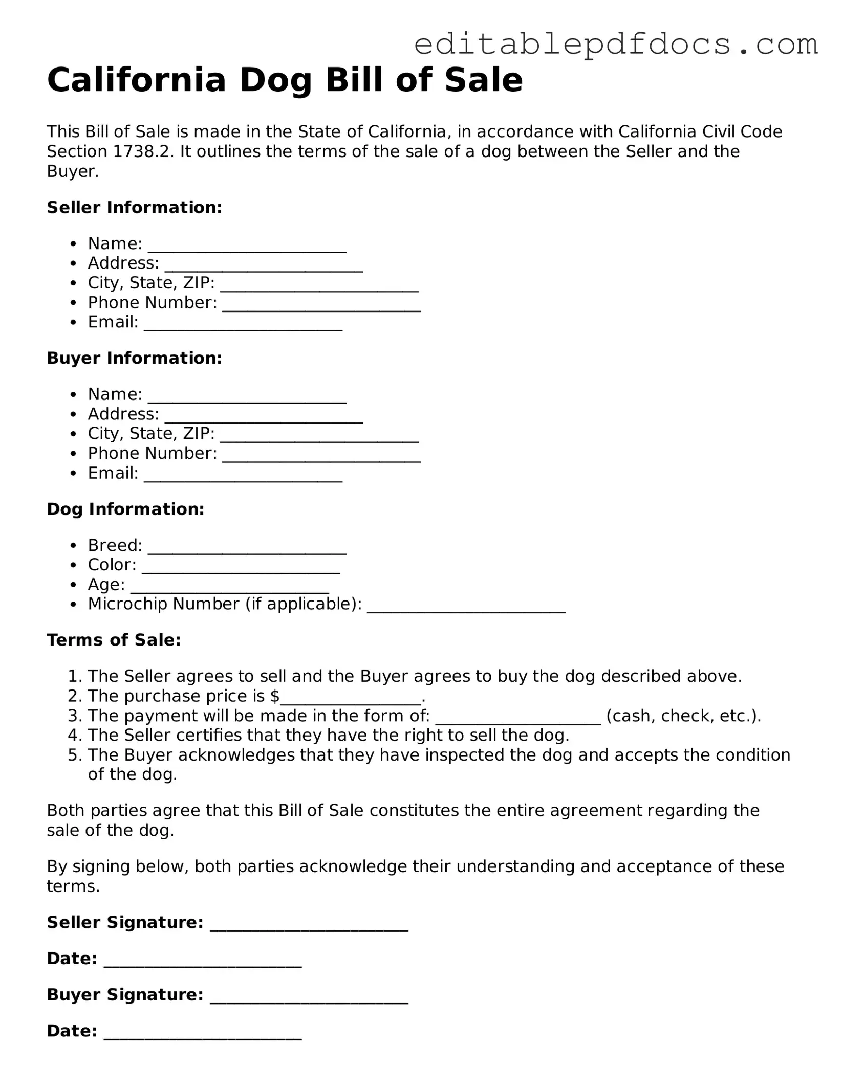  Dog Bill of Sale Document for California