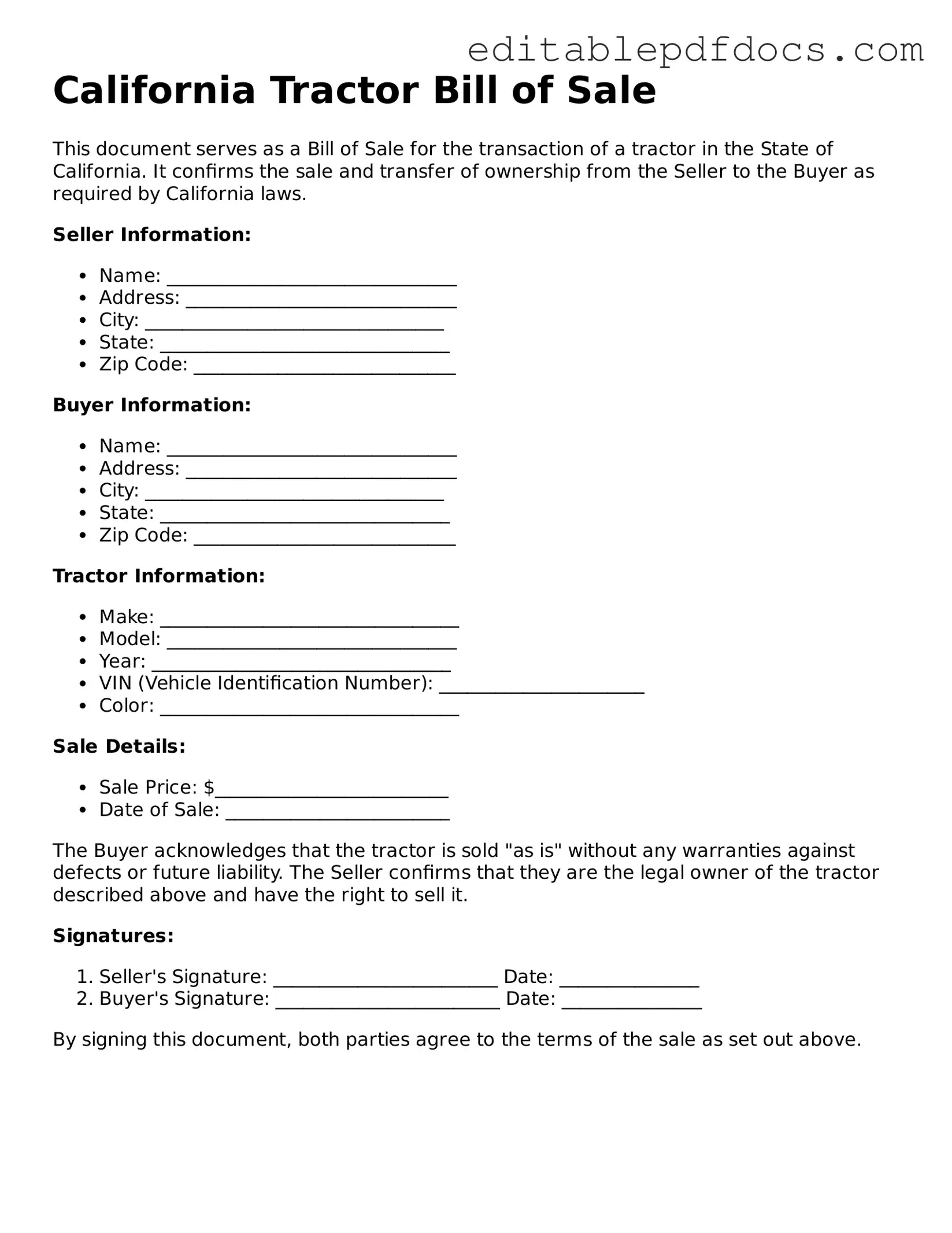  Tractor Bill of Sale Document for California