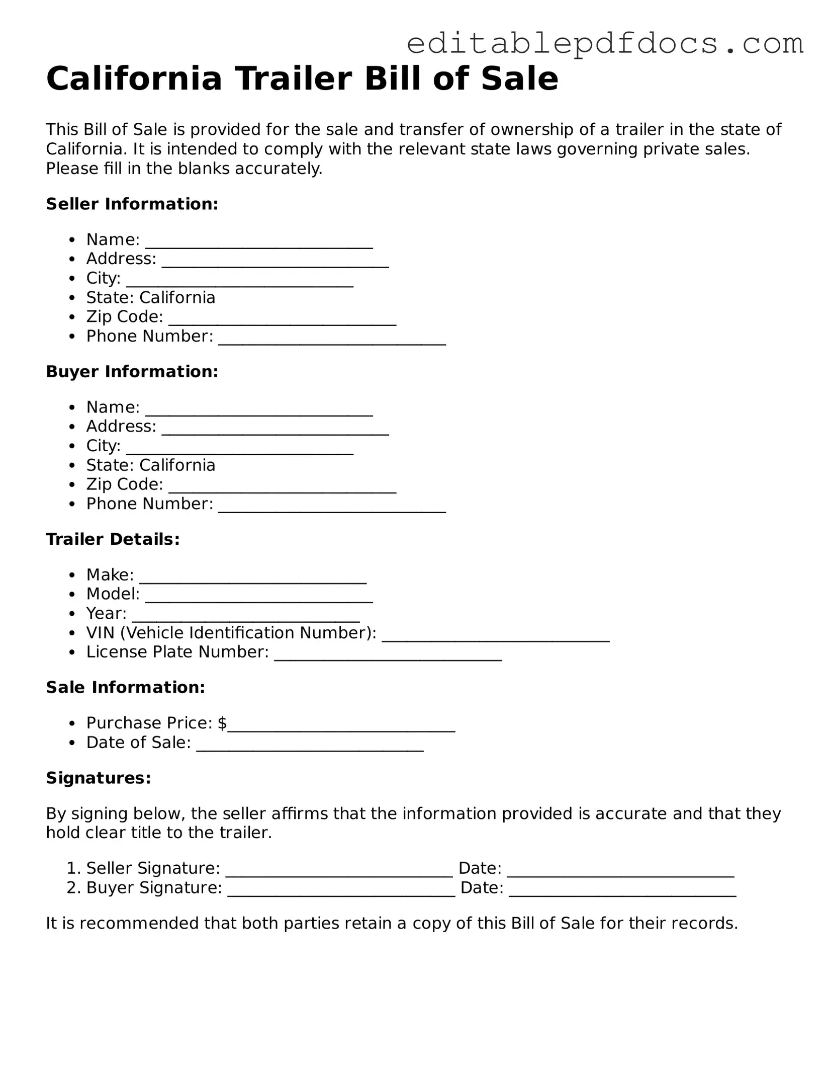  Trailer Bill of Sale Document for California