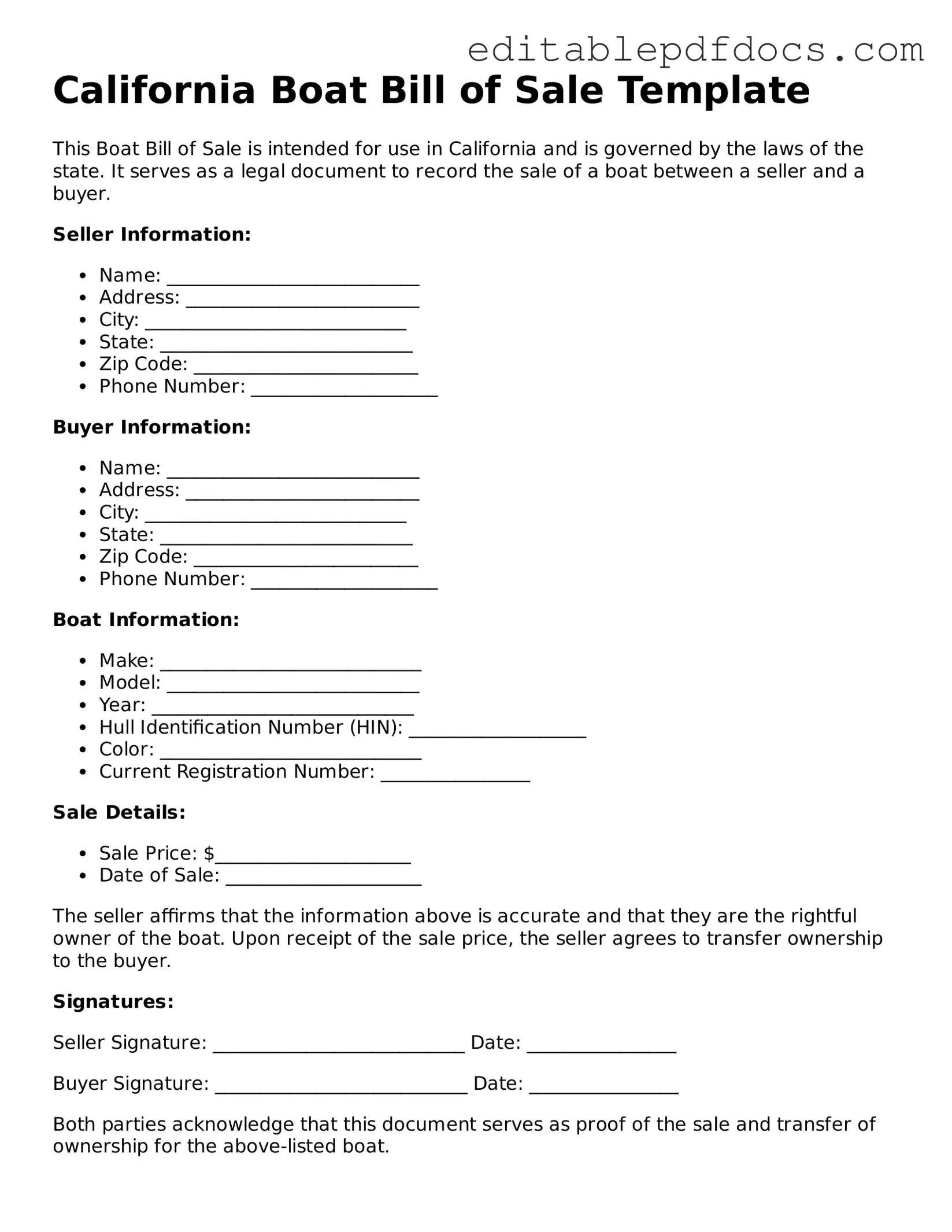  Boat Bill of Sale Document for California