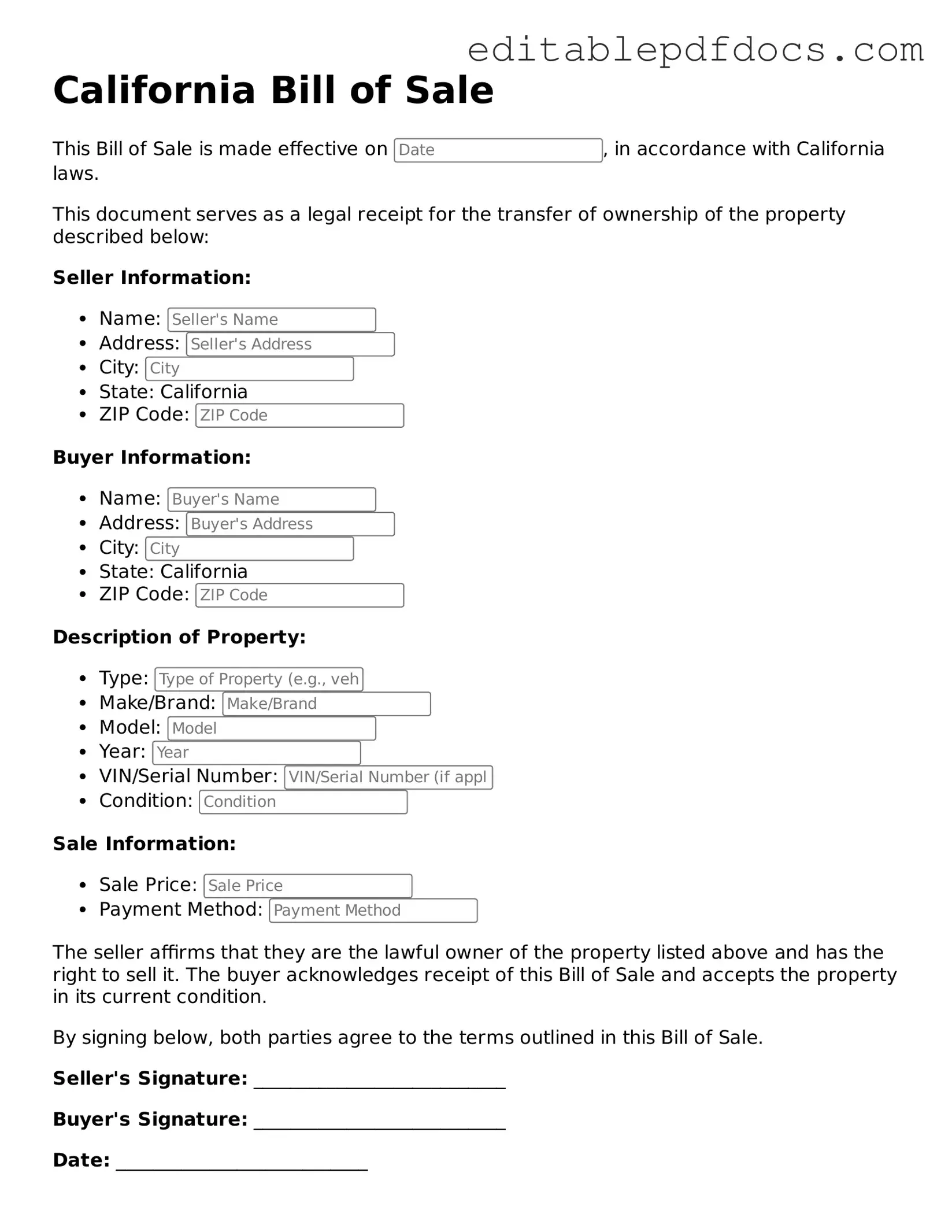 Bill of Sale Document for California