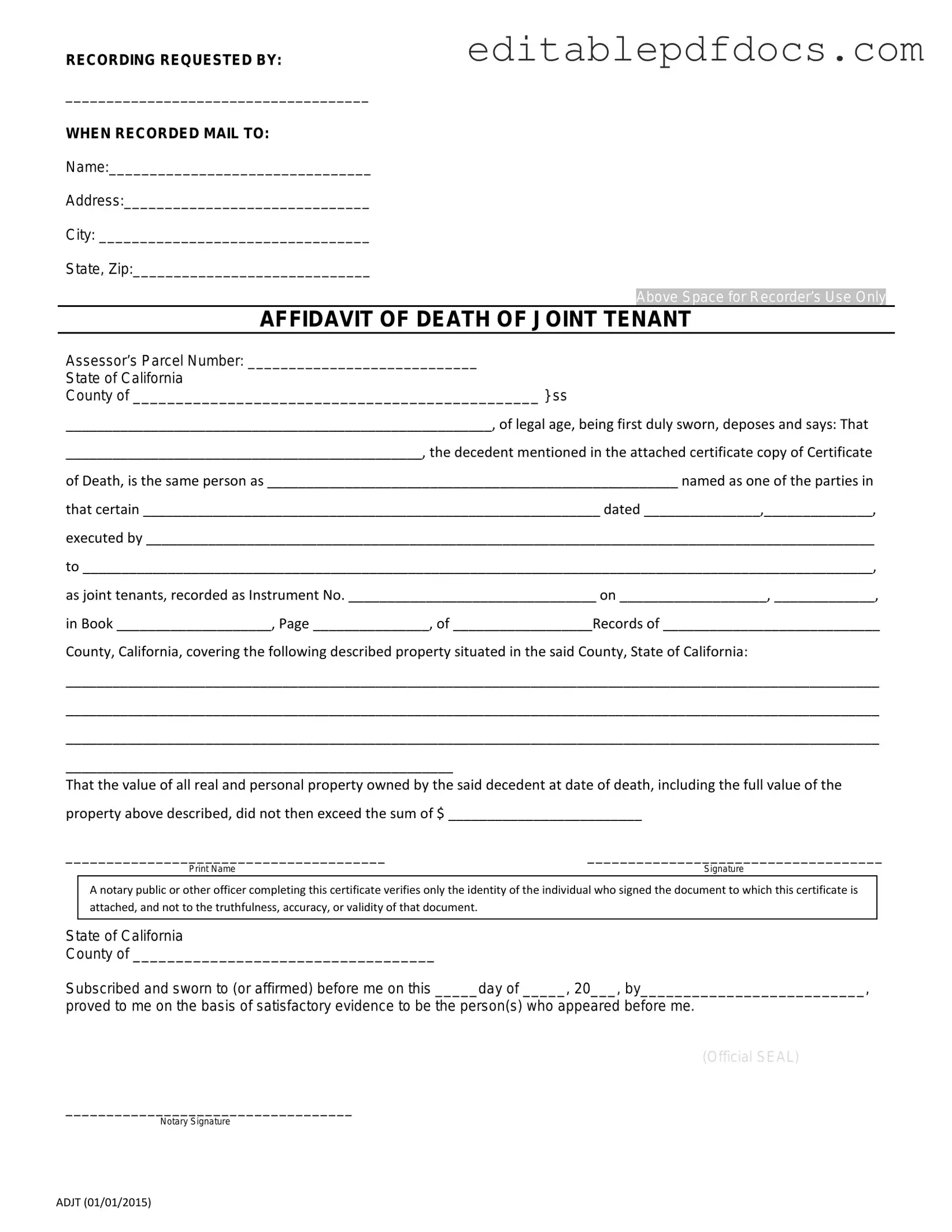 Fill a Valid California Death of a Joint Tenant Affidavit Template