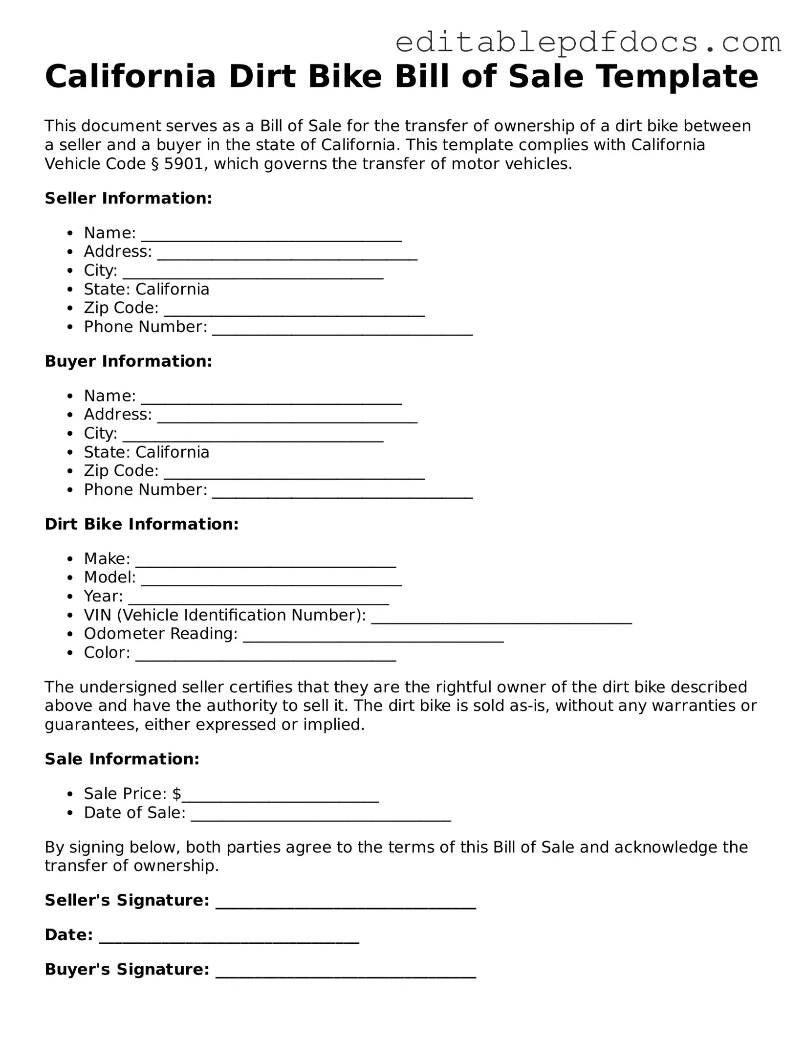  Dirt Bike Bill of Sale Document for California