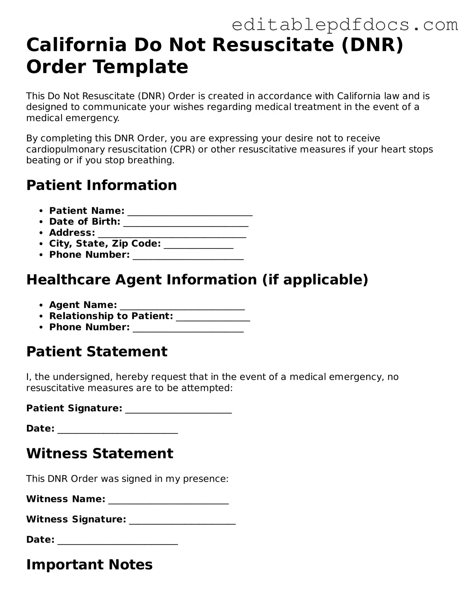  Do Not Resuscitate Order Document for California