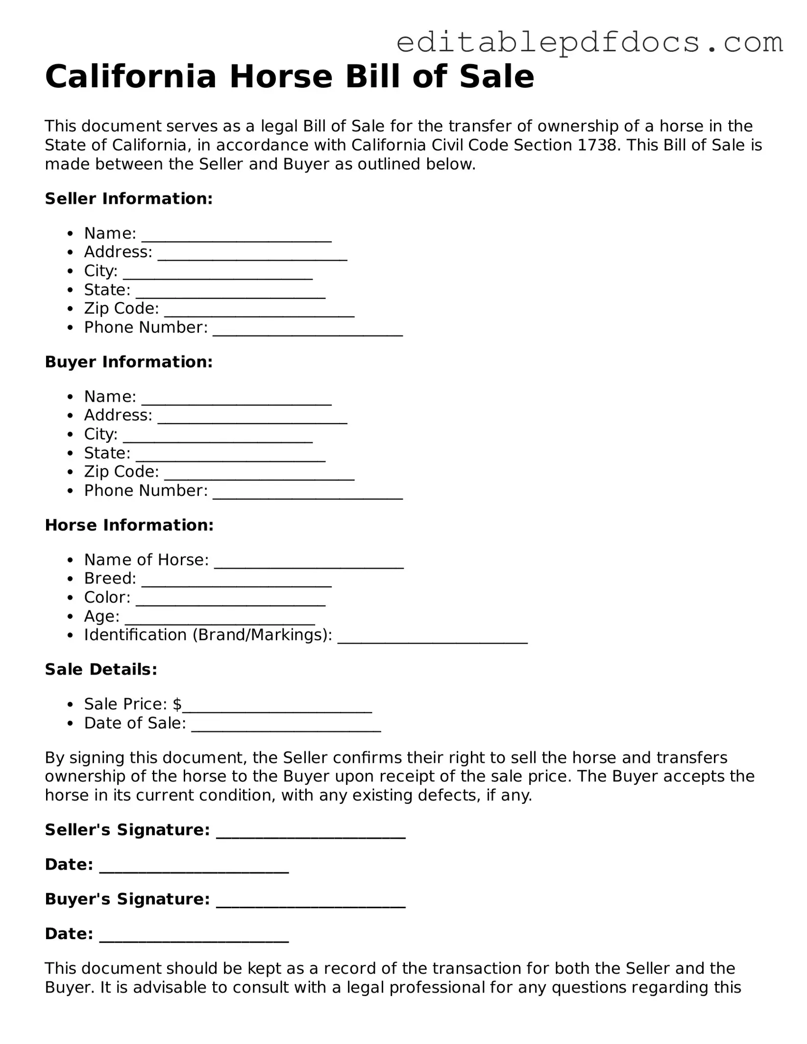  Horse Bill of Sale Document for California