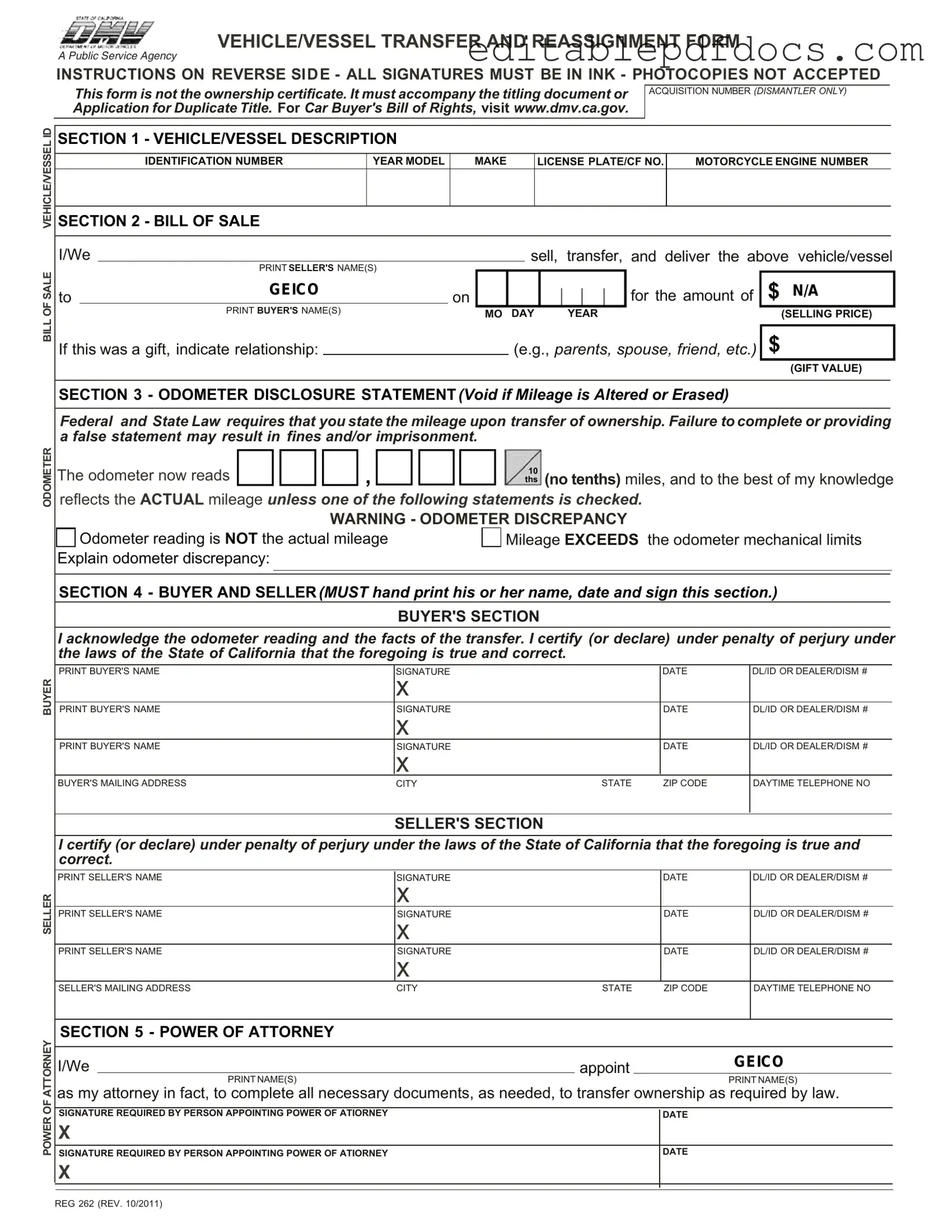 Fill a Valid California Fotm Reg 262 Template