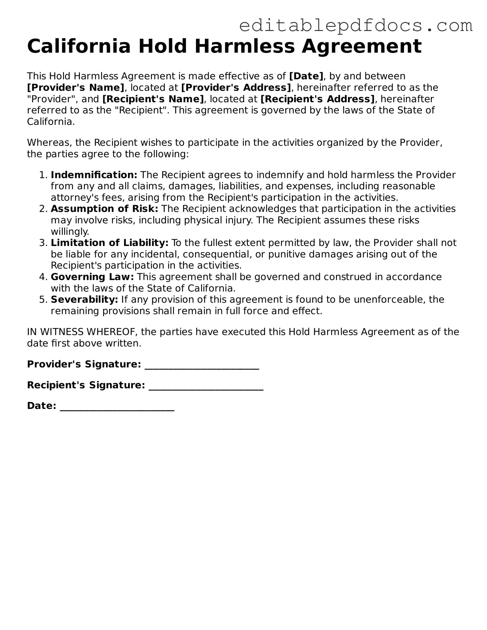  Hold Harmless Agreement Document for California