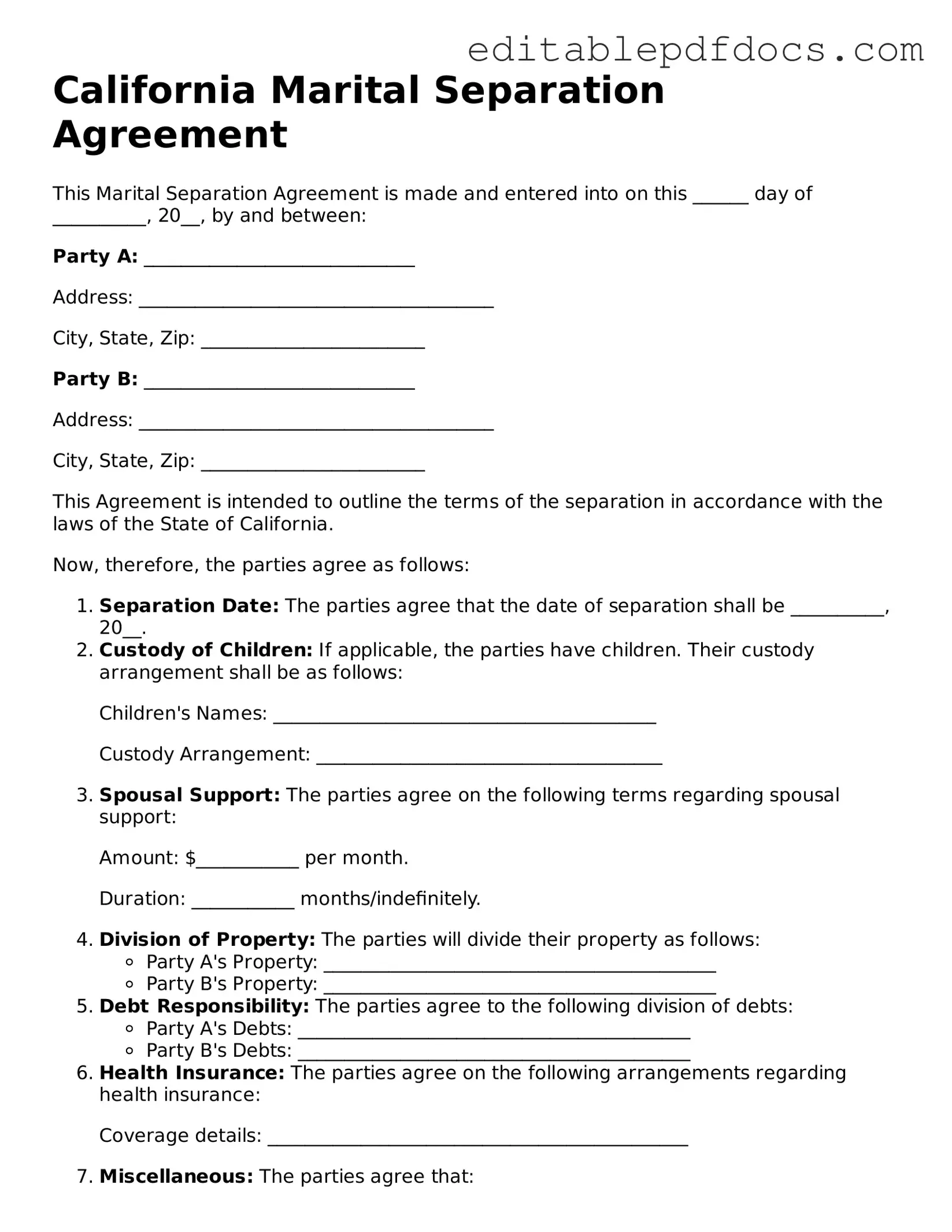  Marital Separation Agreement Document for California