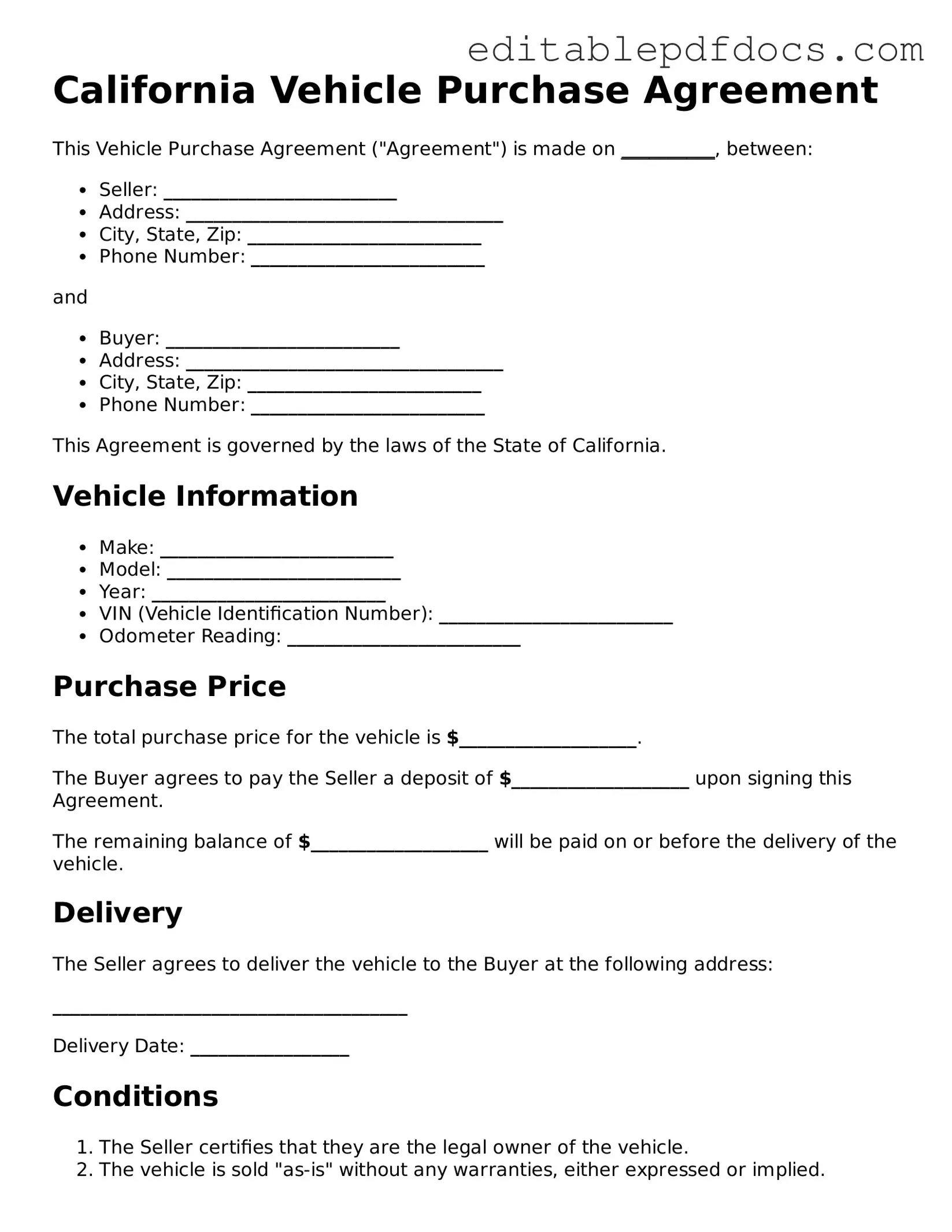 Vehicle Purchase Agreement Document for California