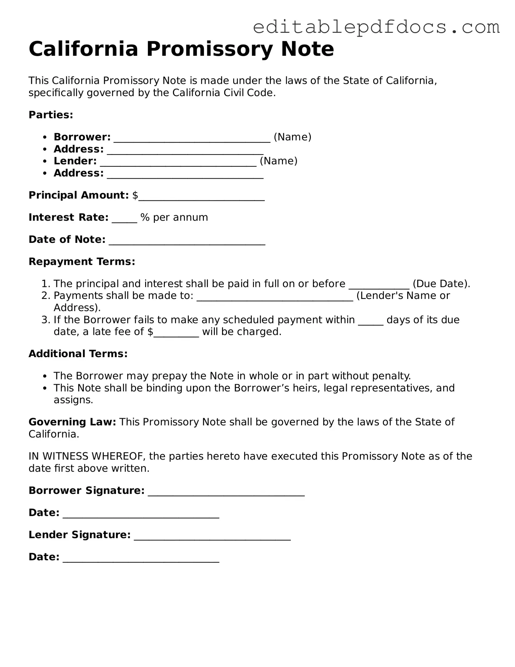 Promissory Note Document for California
