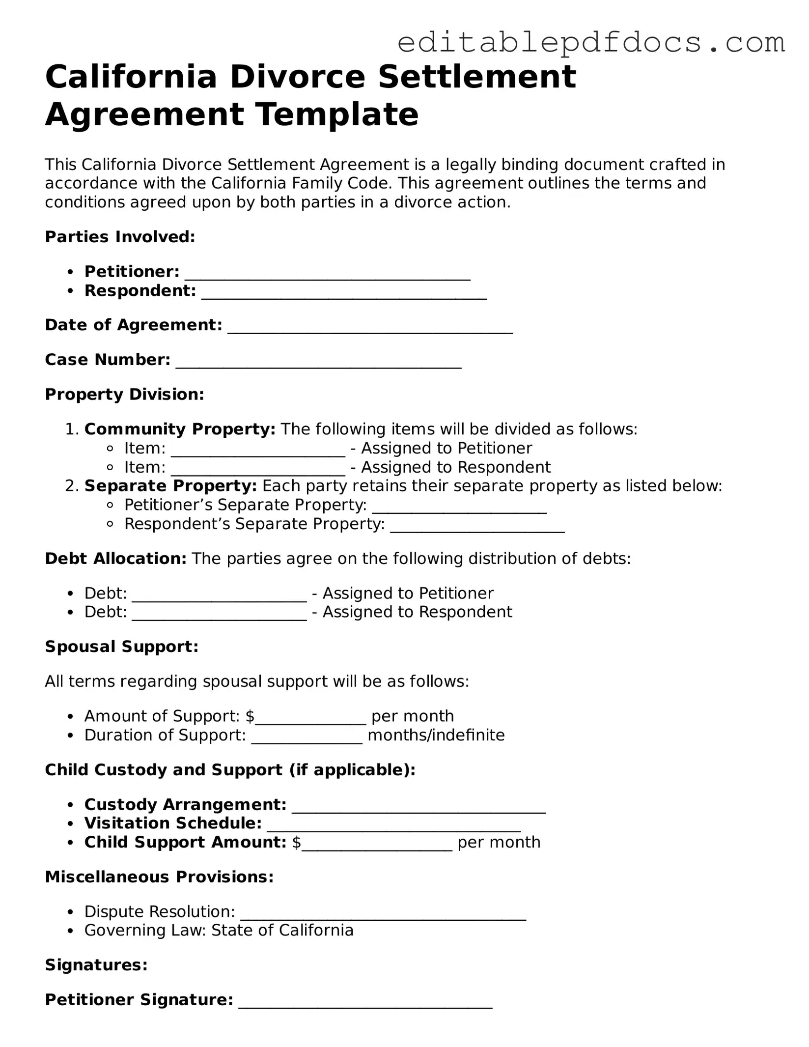  Divorce Settlement Agreement Document for California