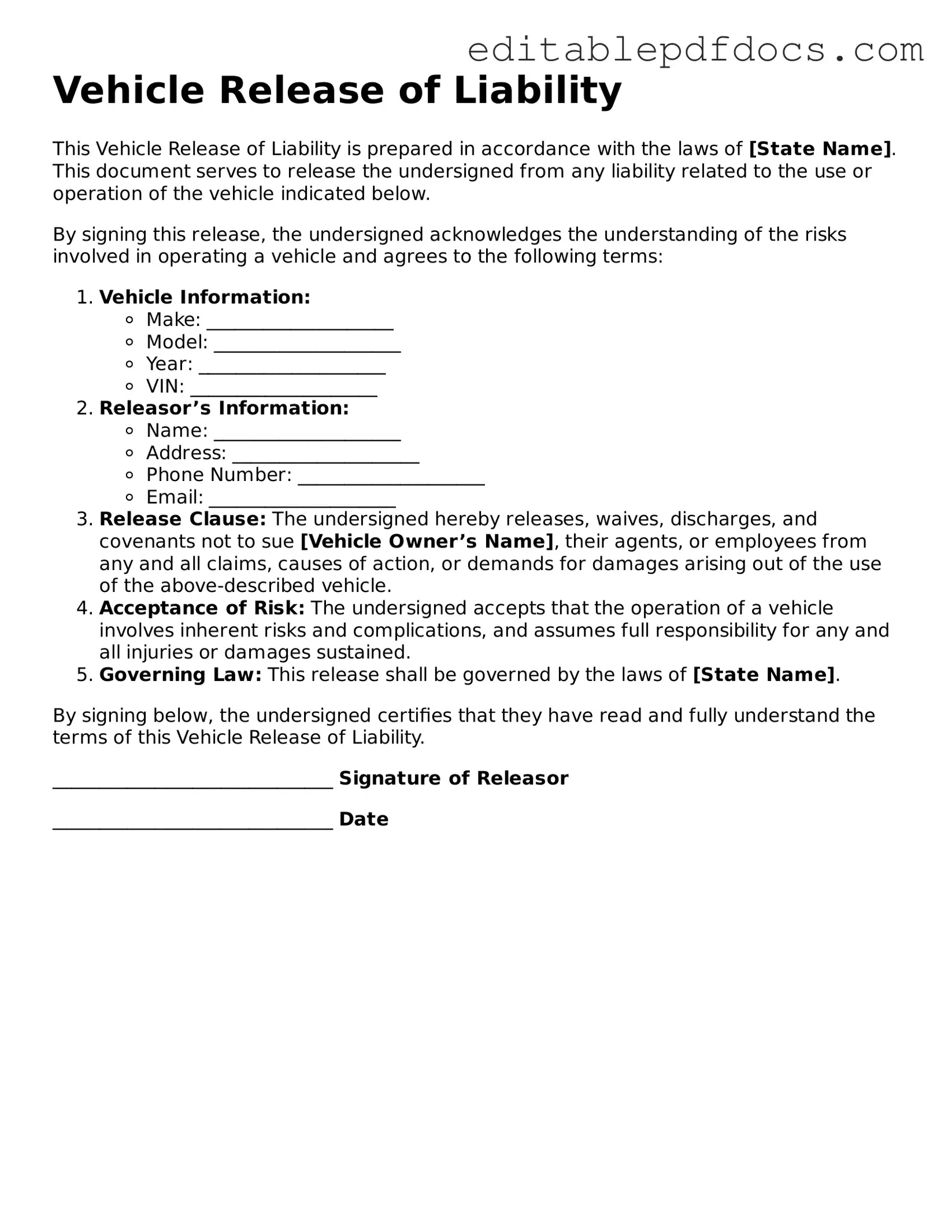 Free Vehicle Release of Liability Document
