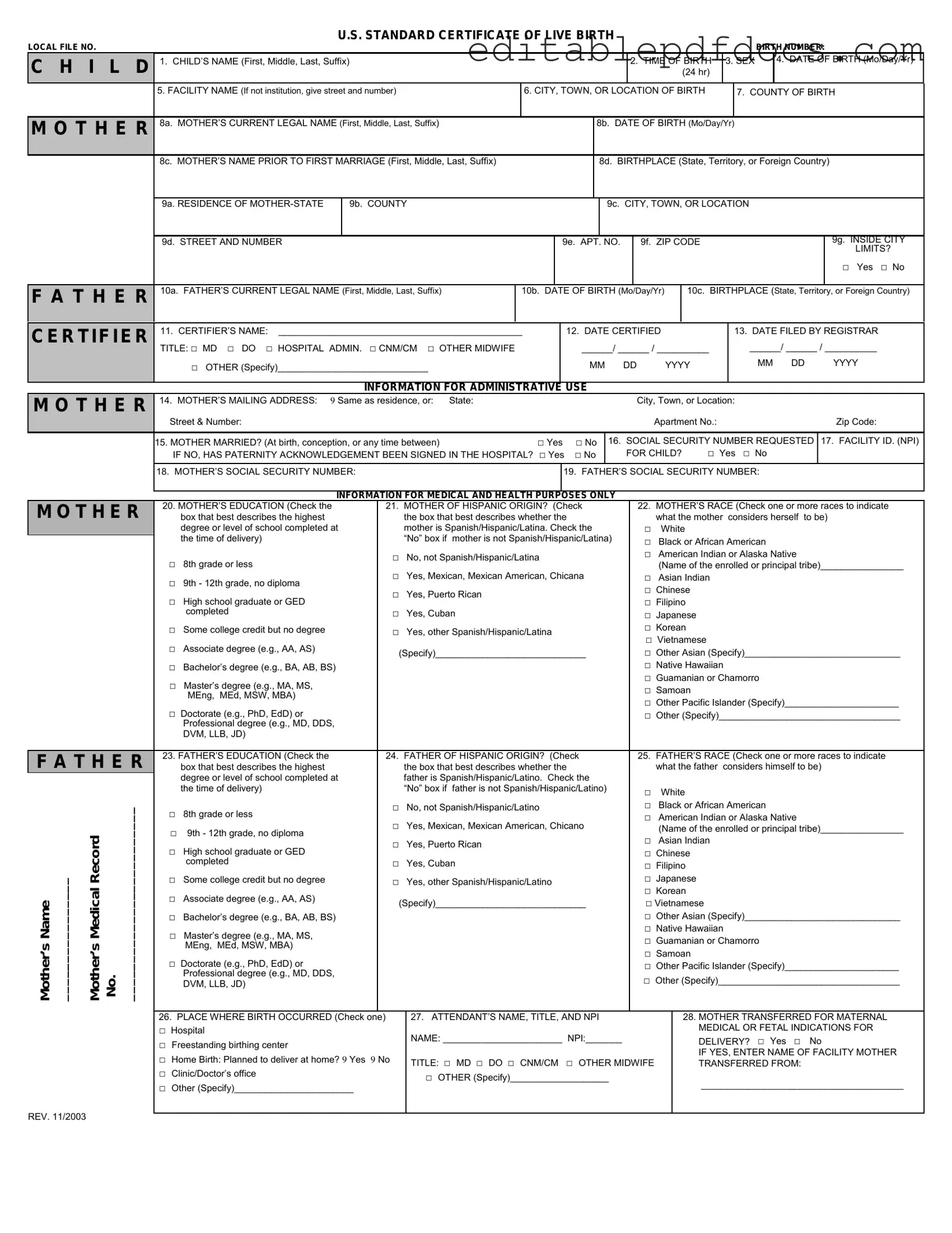 Fill a Valid CDC U.S. Standard Certificate of Live Birth Template