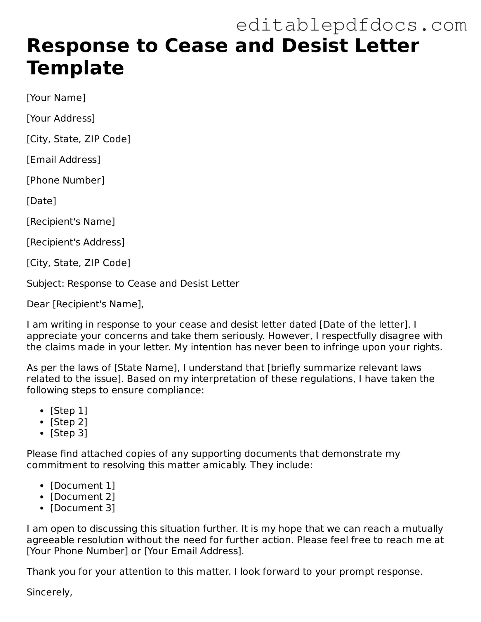 Free Response to a Cease and Desist Letter Document