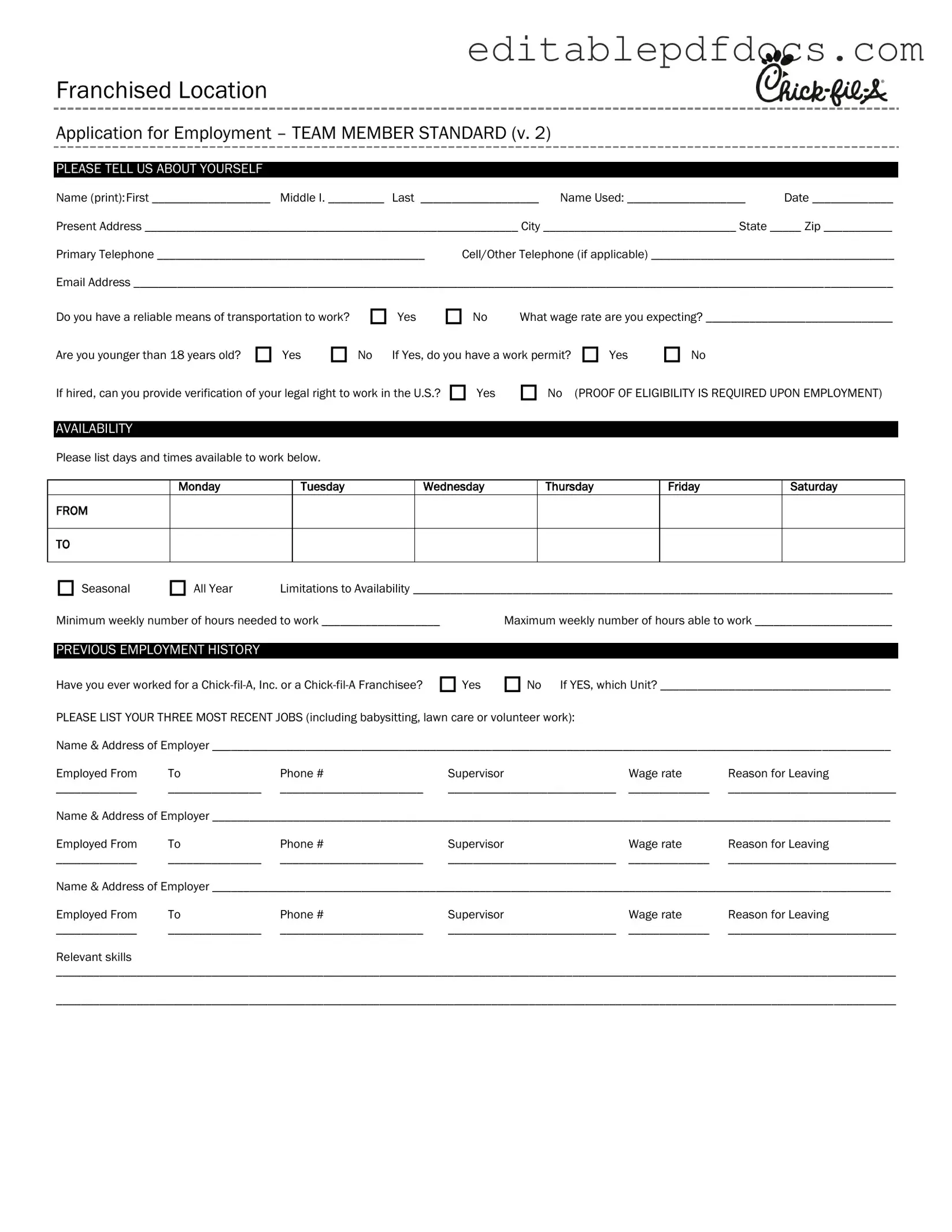 Fill a Valid Chick Fil A Job Application Template
