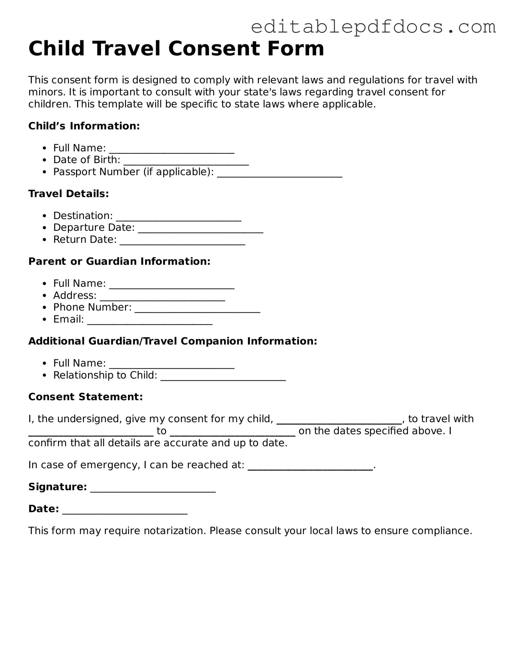 Free Child Travel Consent Form Document