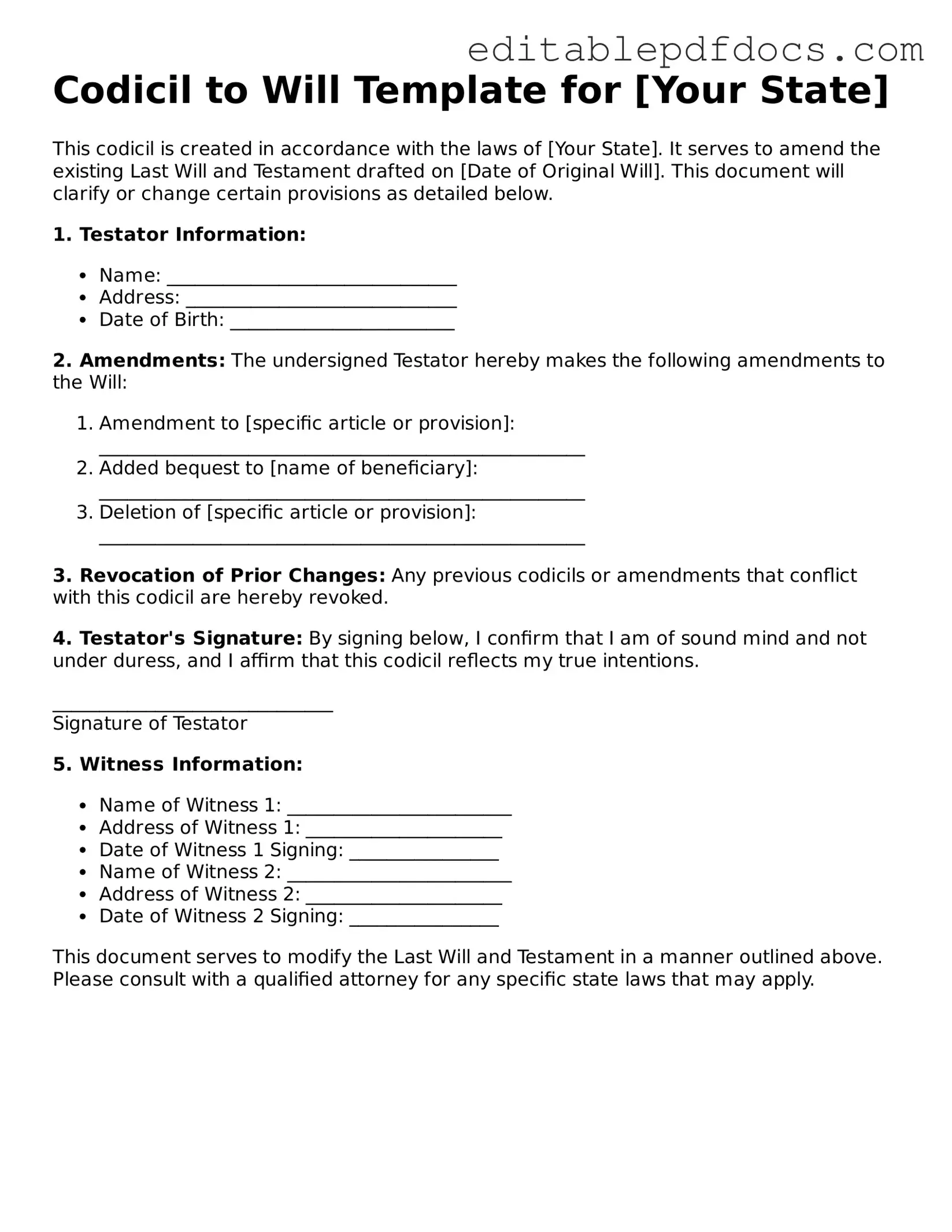 Free Codicil to Will Document