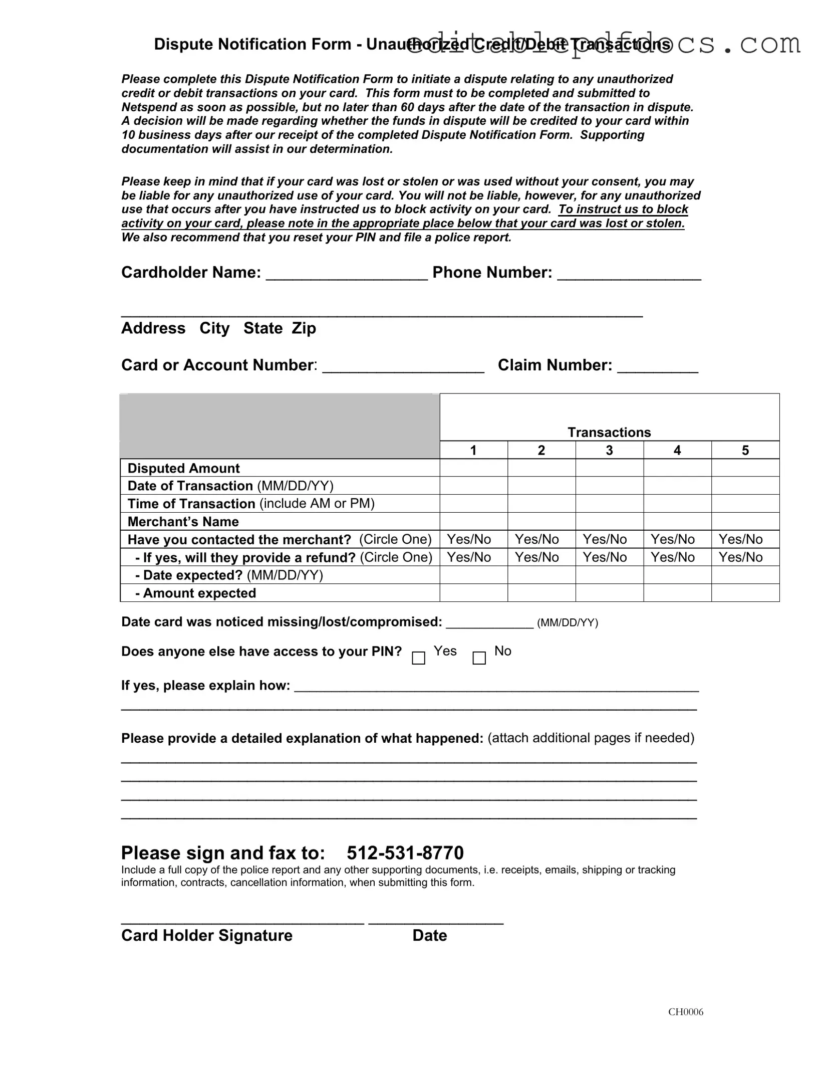 Fill a Valid Netspend Dispute Template