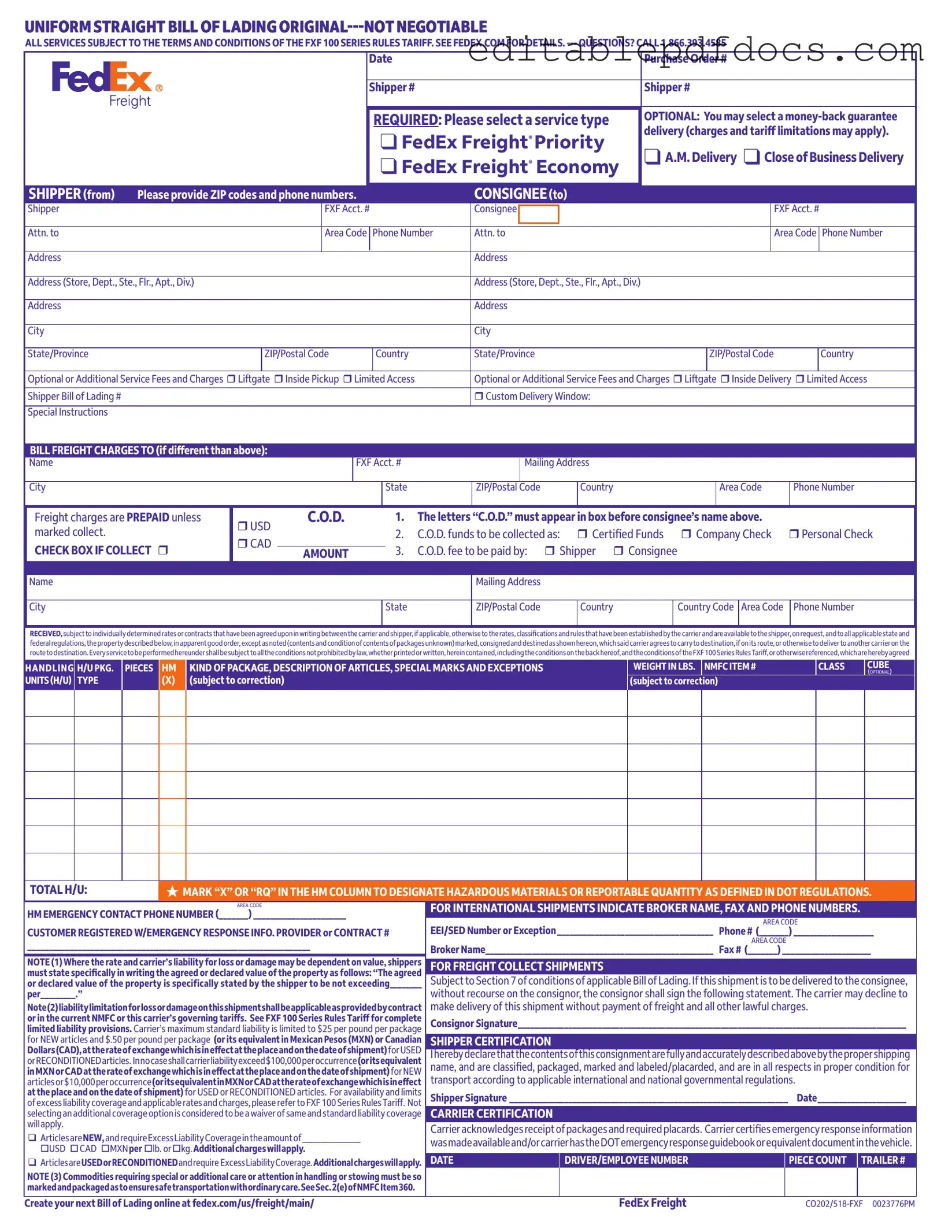 Fill a Valid Fedex Bill Of Lading Template