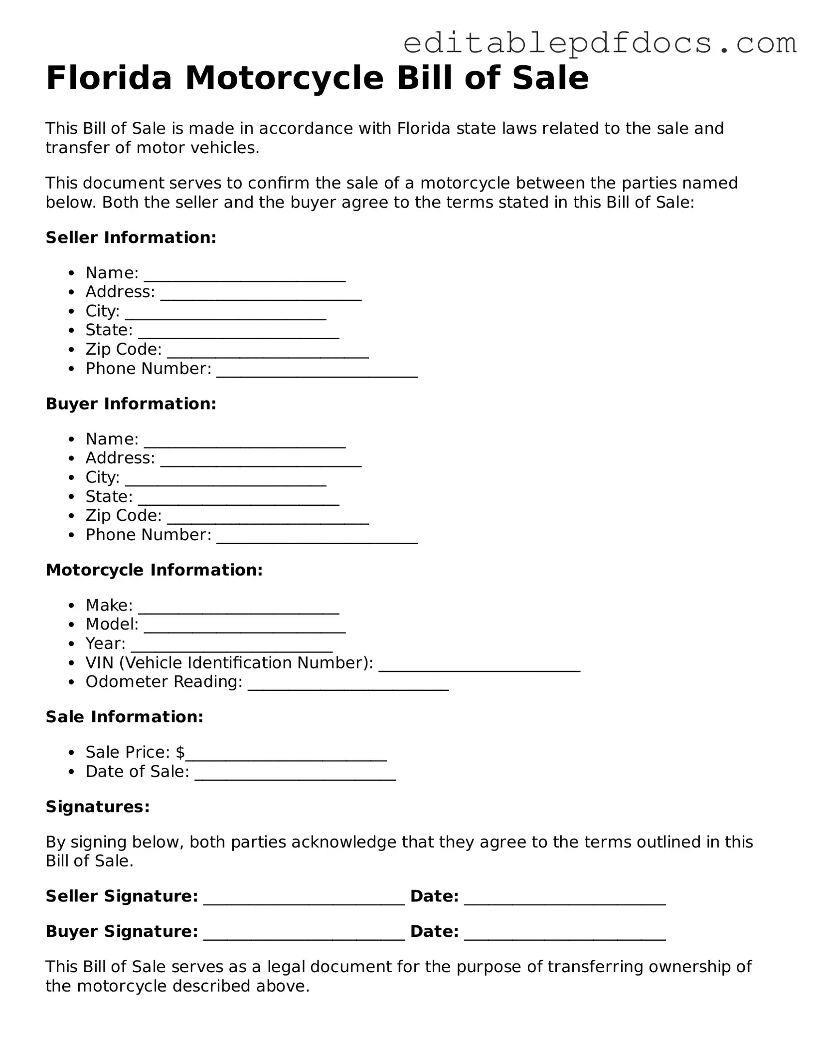  Motorcycle Bill of Sale Document for Florida