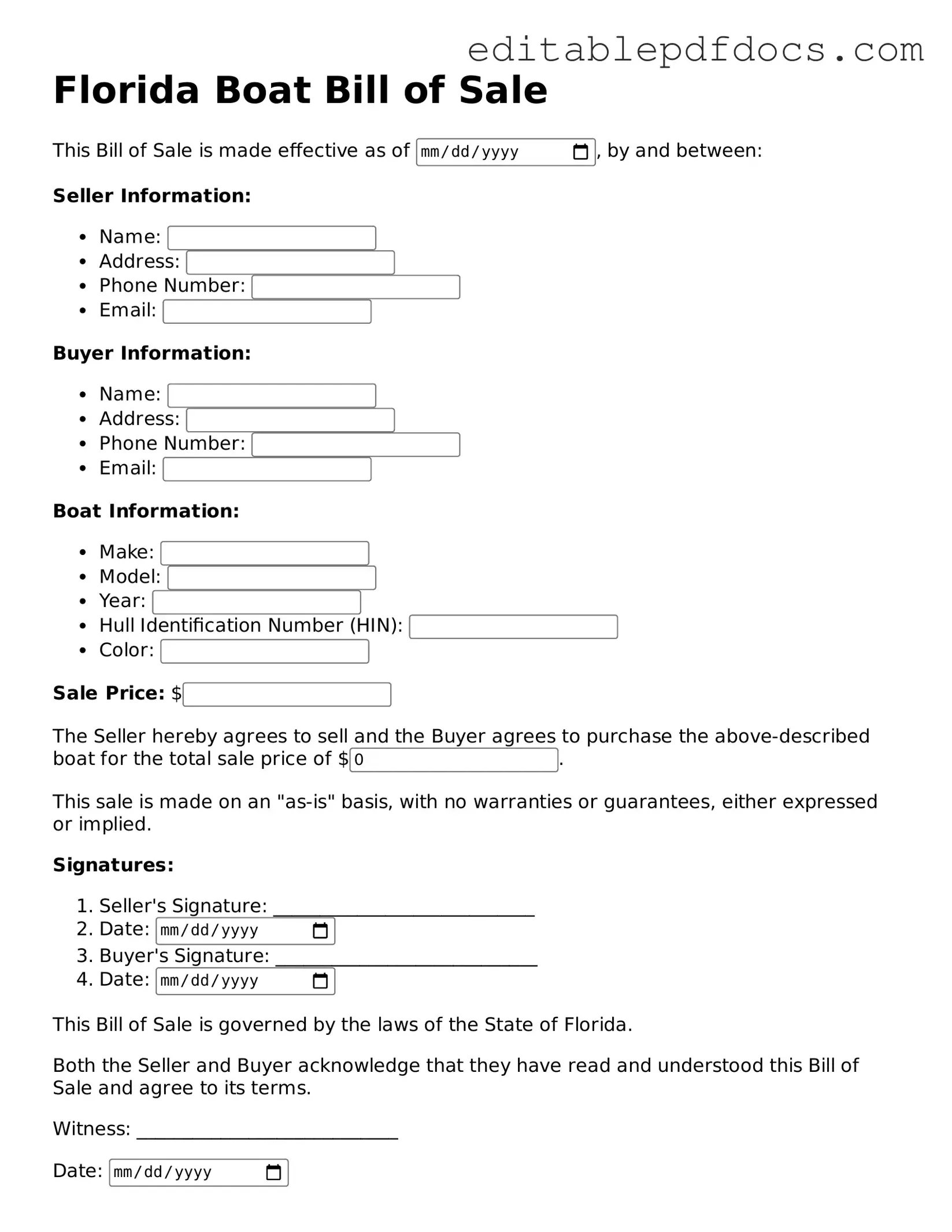  Boat Bill of Sale Document for Florida