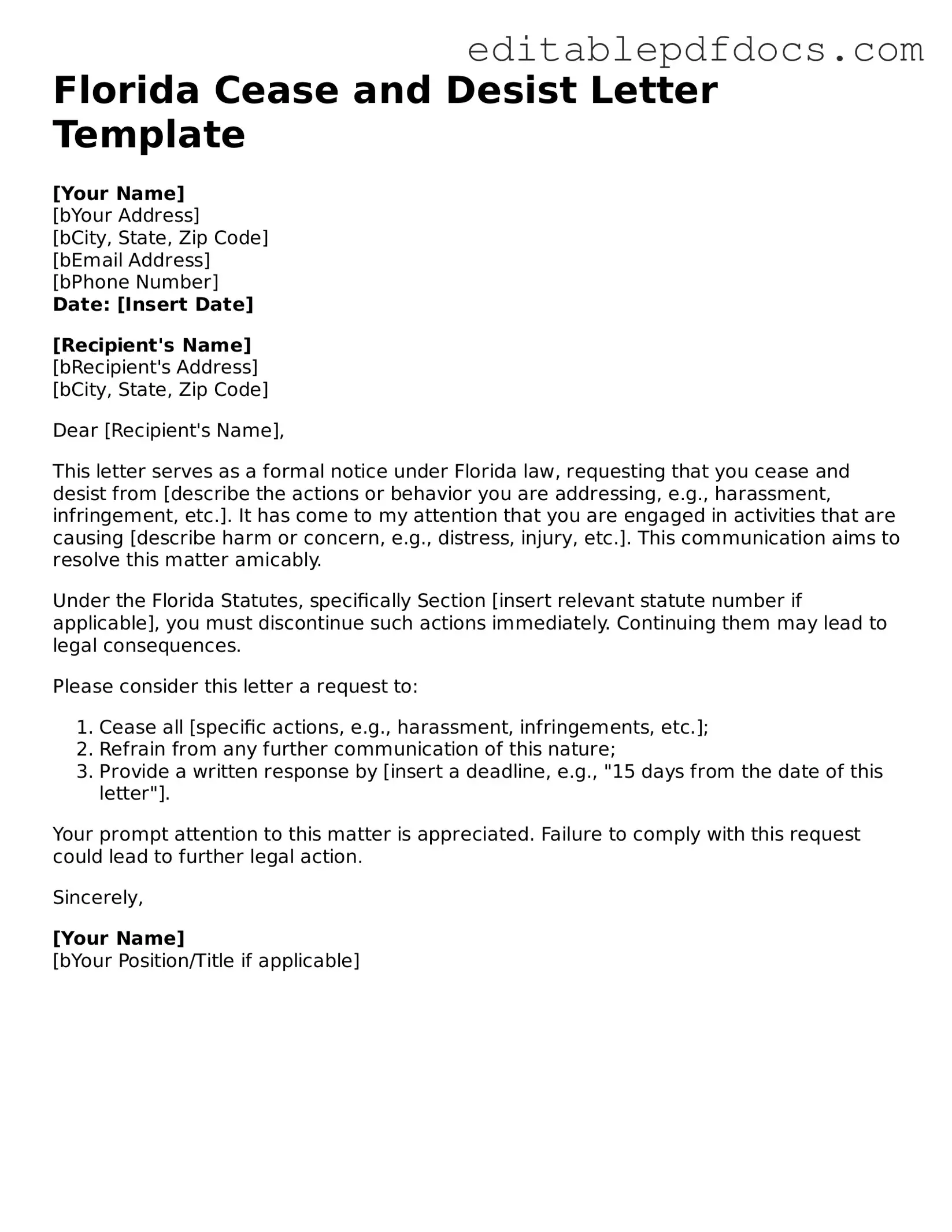  Cease and Desist Letter Document for Florida