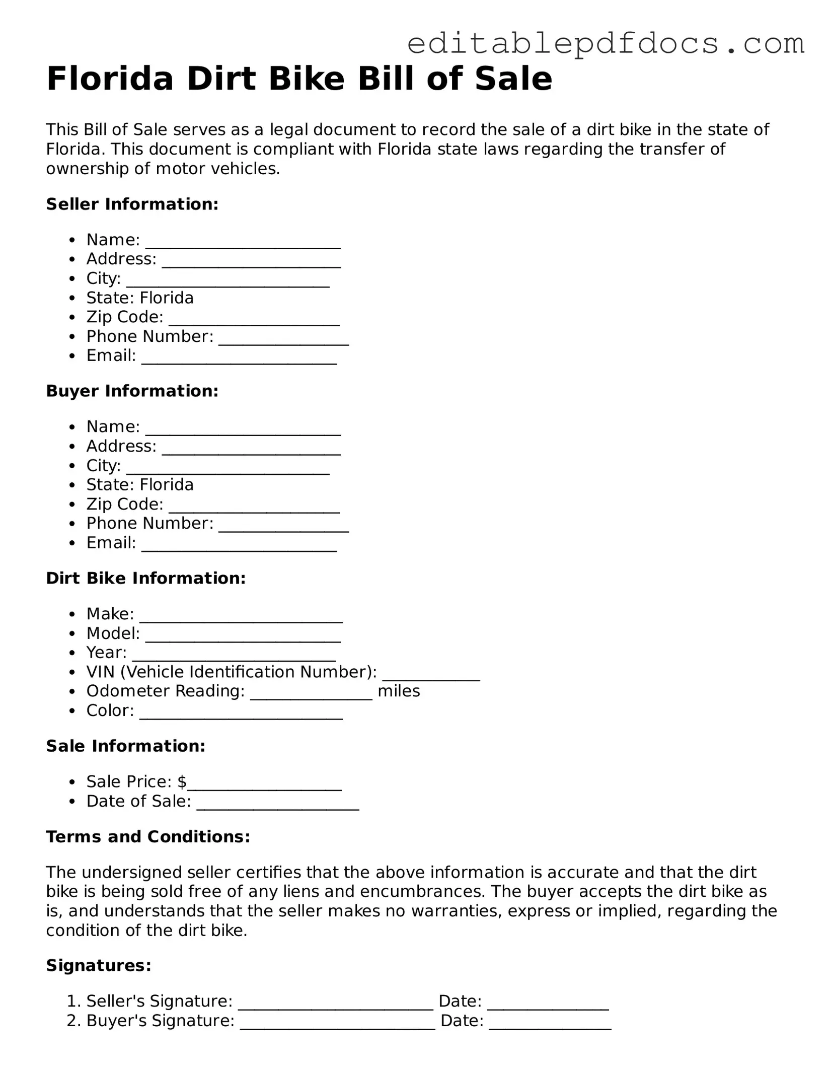  Dirt Bike Bill of Sale Document for Florida