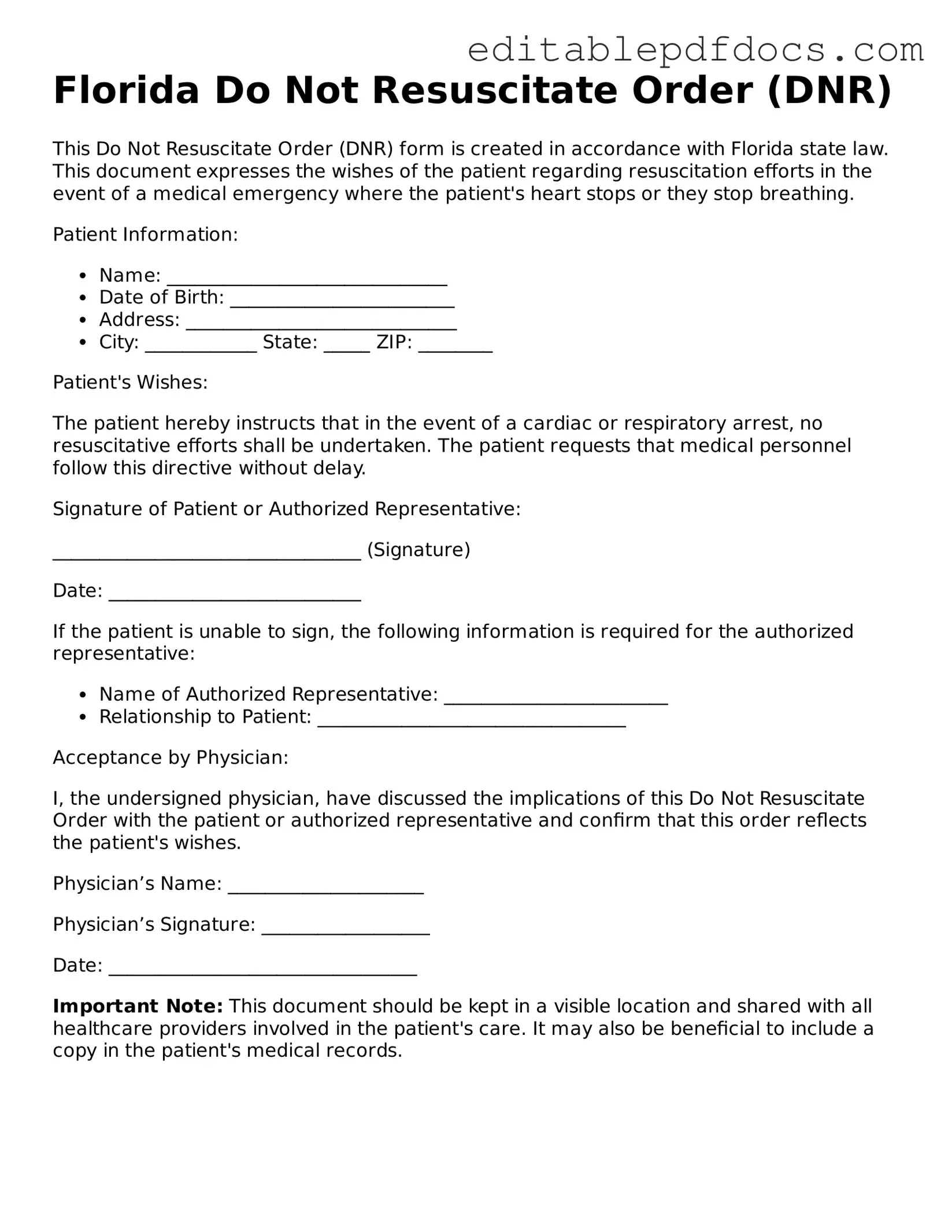  Do Not Resuscitate Order Document for Florida